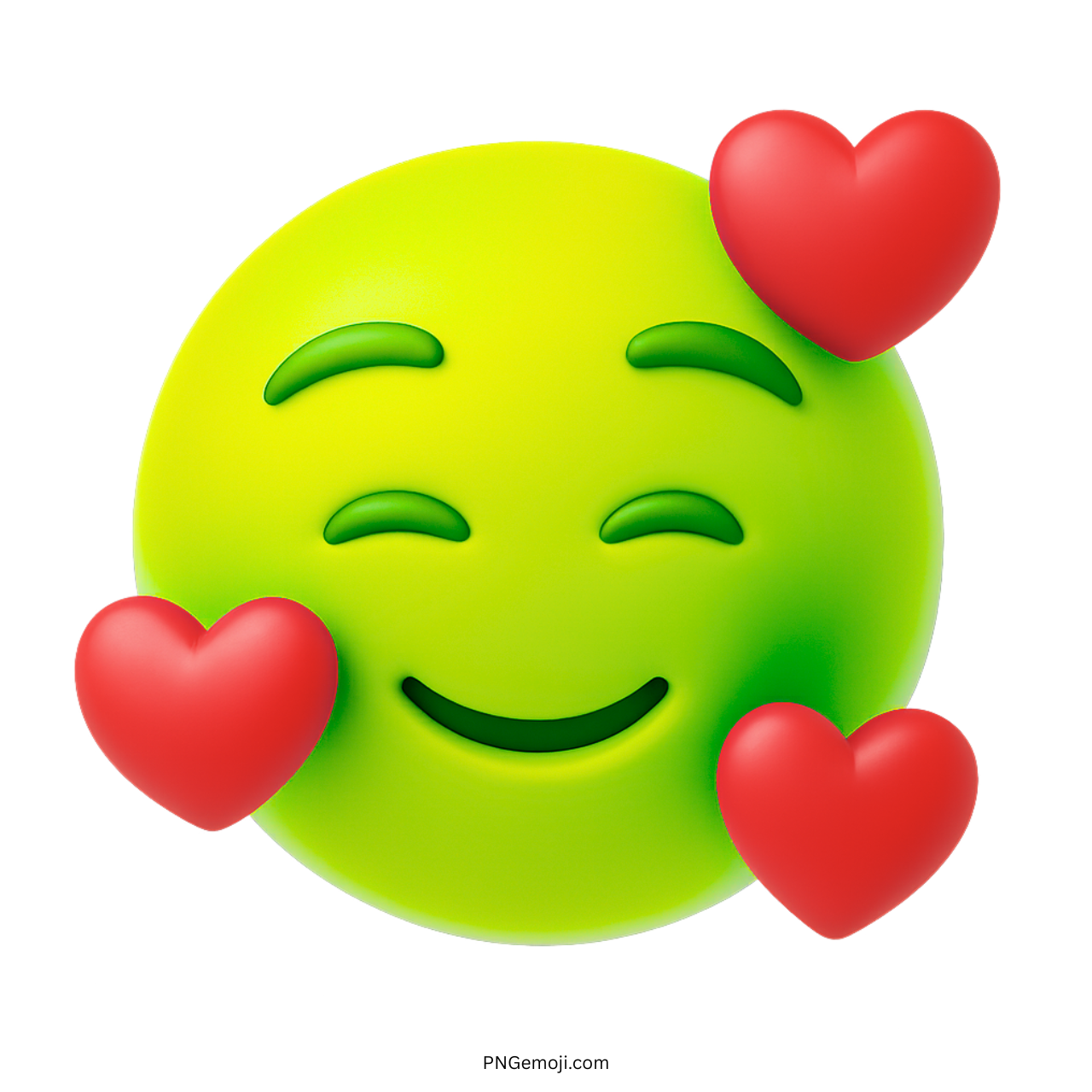 Green smiling emoji with red hearts symbolizing love, happiness, and positive emotions in 3D