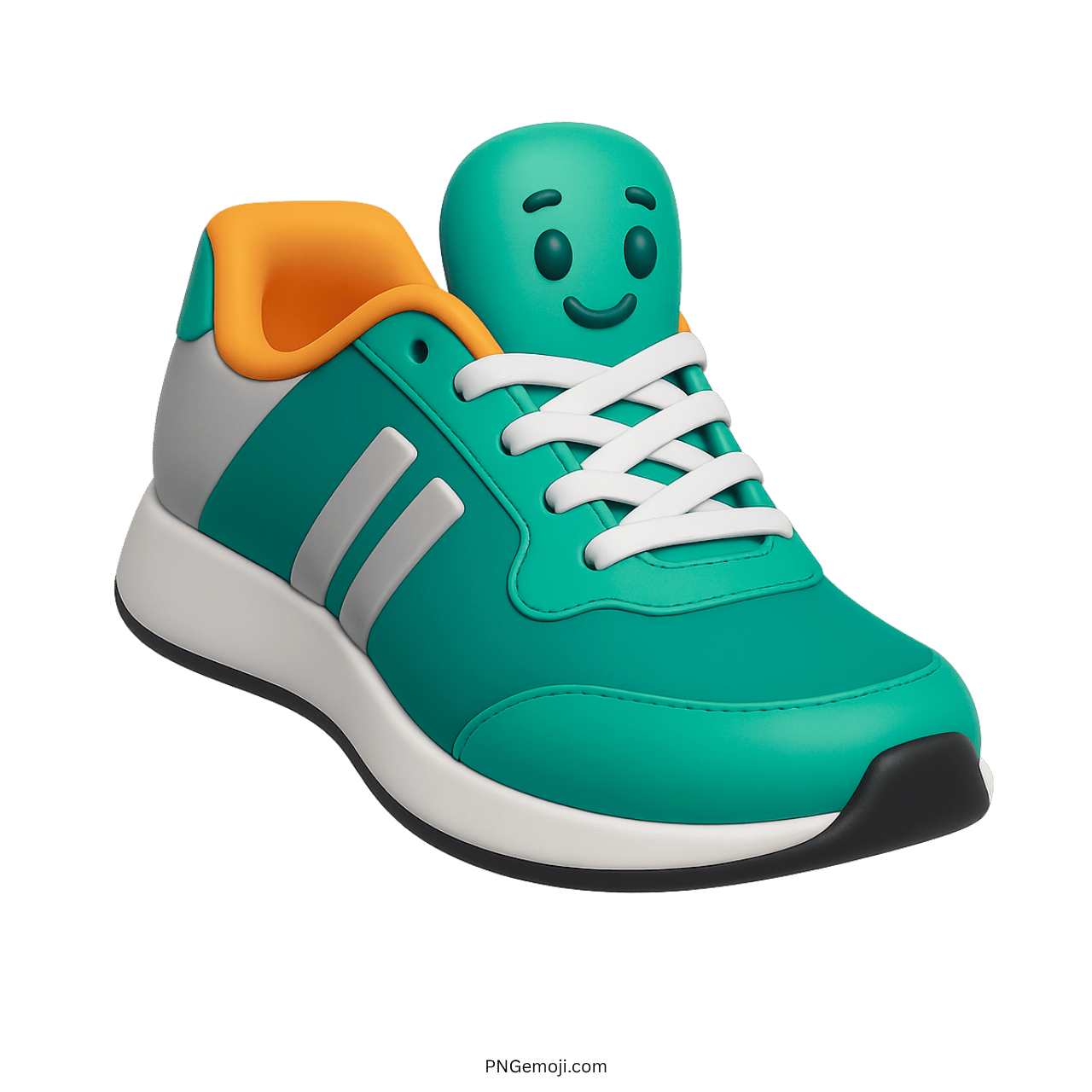 3D green sneakers emoji with smiling face, white laces, and playful sporty look