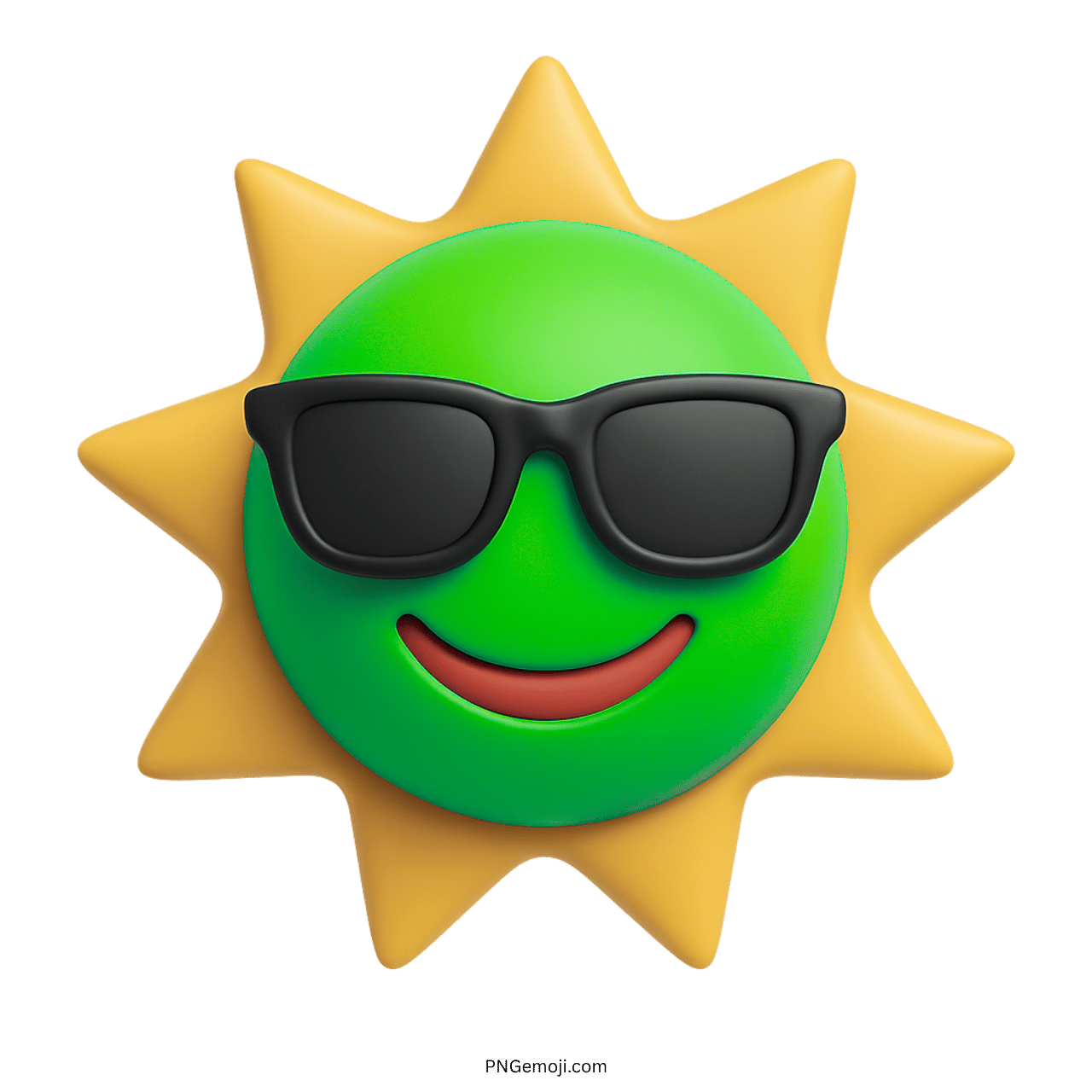 Green sun emoji wearing sunglasses with a red smile in 3D on transparent background