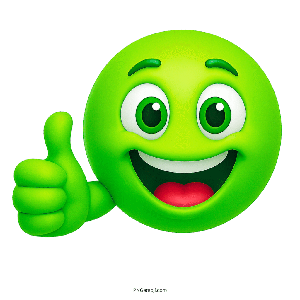 Green smiley emoji with thumbs up gesture and wide cheerful happy face