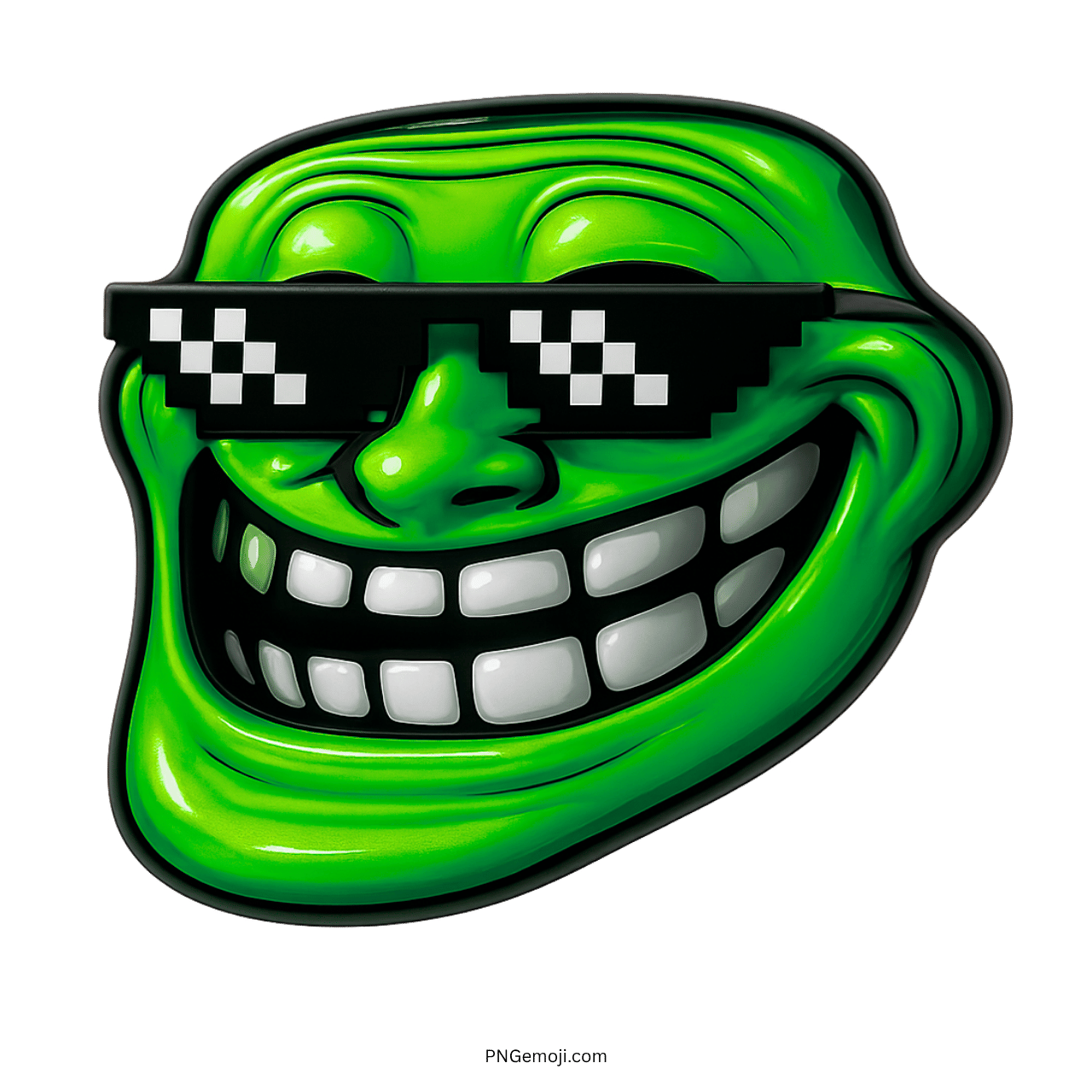 Green troll face with pixelated thug life glasses and wide confident mischievous grin