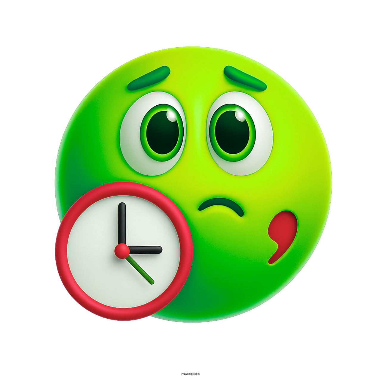 3D green waiting emoji with anxious facial expression and clock showing time pressure