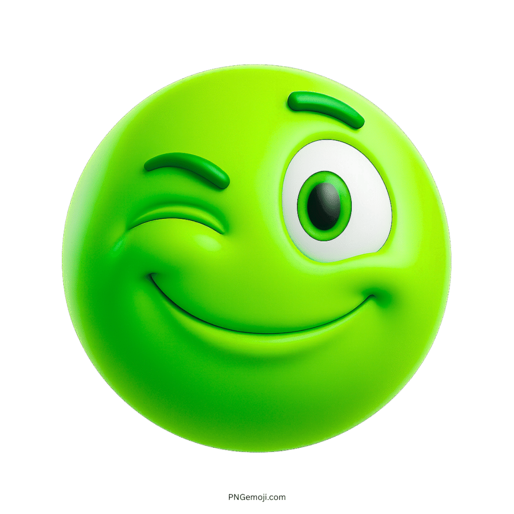 3D green wink emoji with playful eye and confident smiling face expression