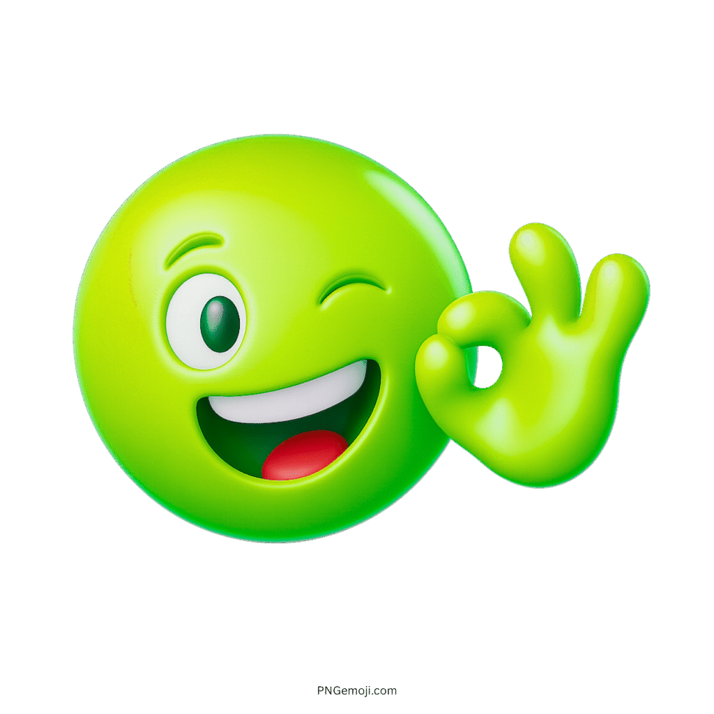 Green 3D emoji winking and making an OK hand gesture with smile