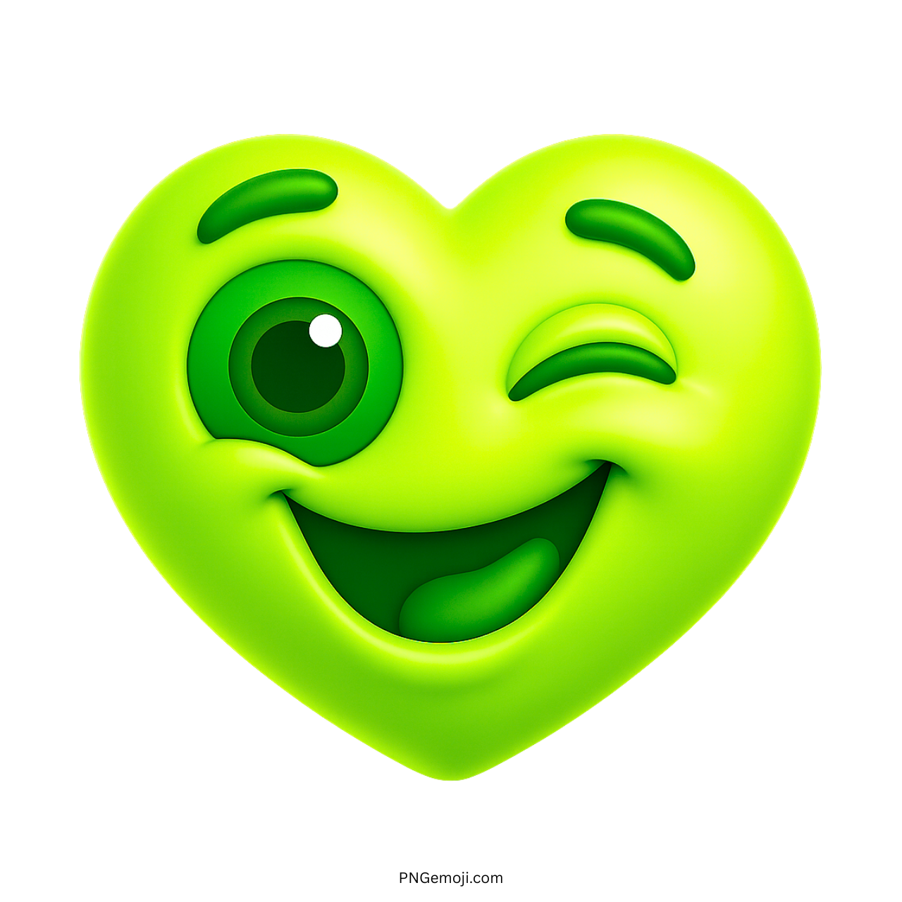 Bright green 3D heart emoji with winking eye and playful smiley face