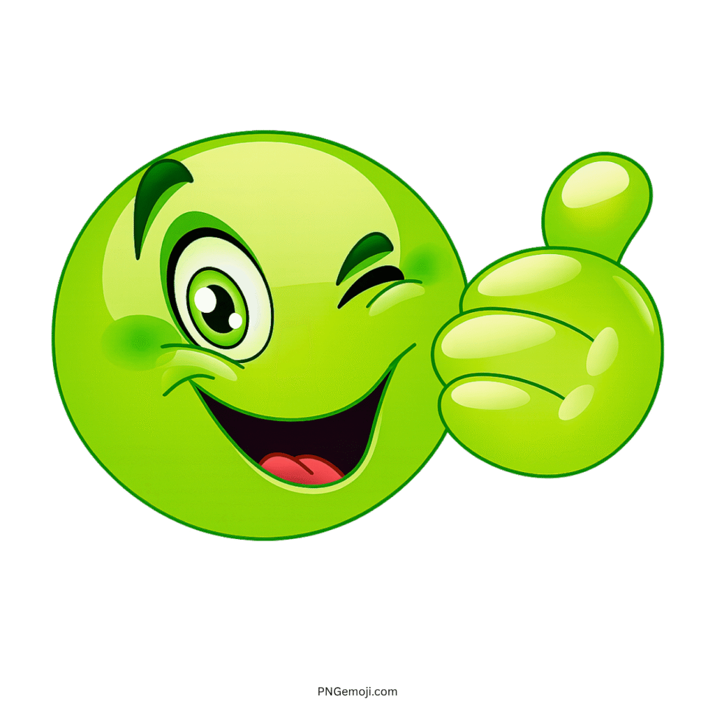Green winking smiley emoji giving thumbs up with friendly and supportive expression