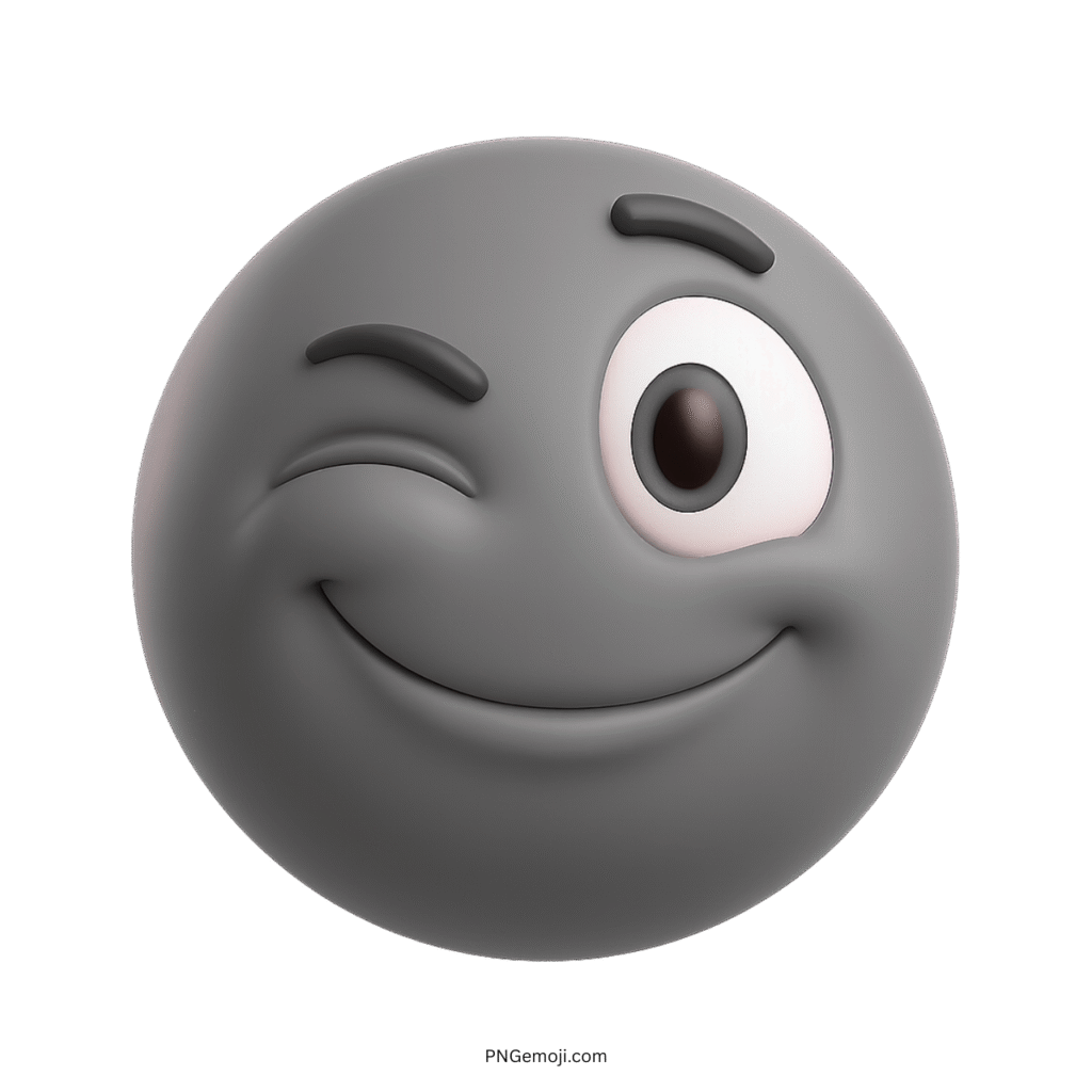 Grey 3D wink emoji with smiling face for fun keyboard sticker and chat use