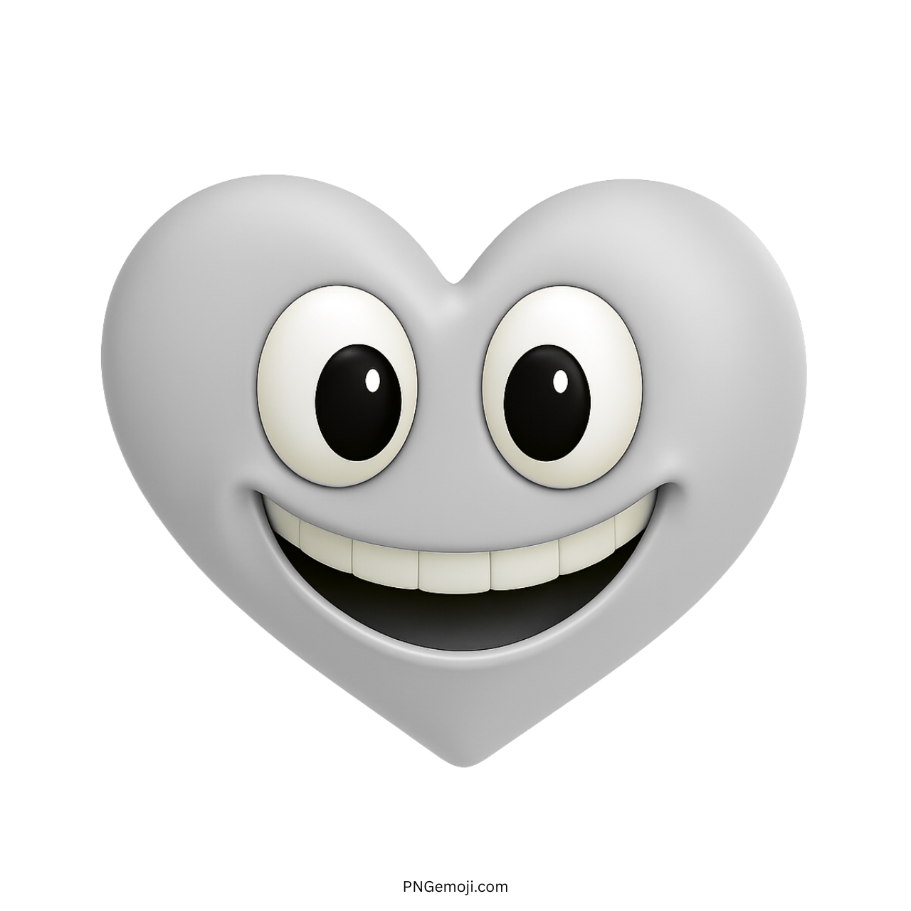 Grey heart emoji with wide cartoon eyes and a smiling face in 3D style.