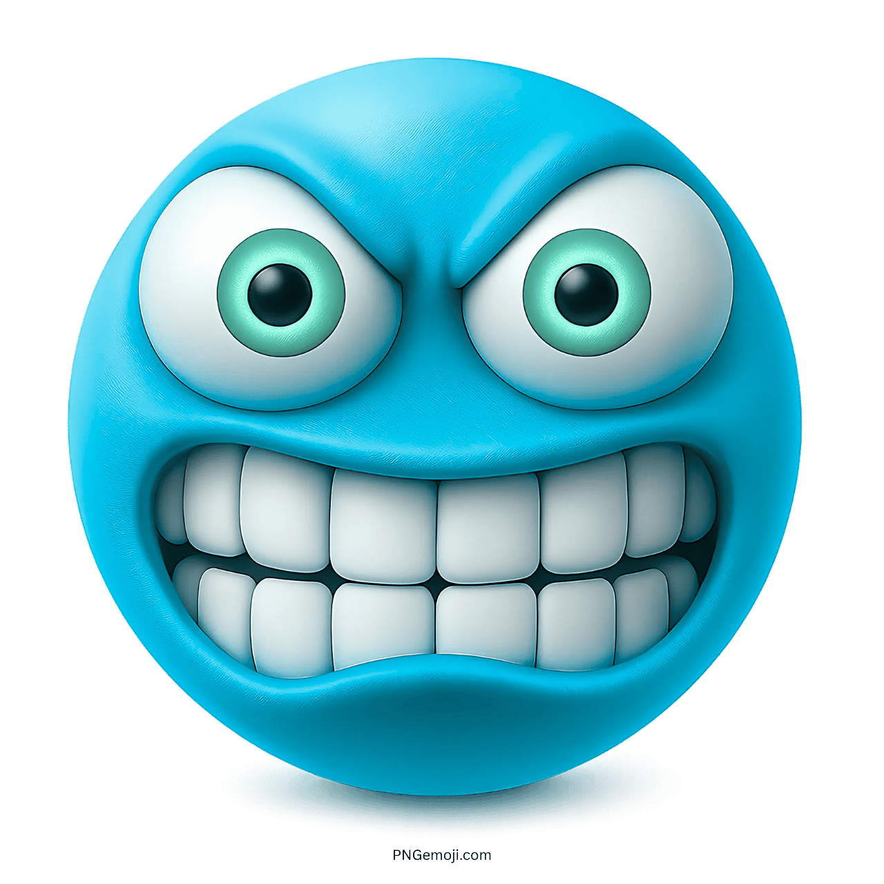 Aqua blue emoji face with wide greenish eyes and clenched teeth on transparent background