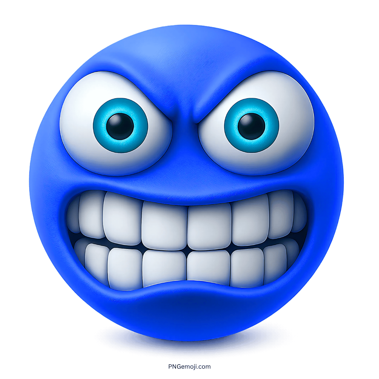 Blue grimacing face emoji with clenched teeth and wide, intense eyes on transparent background