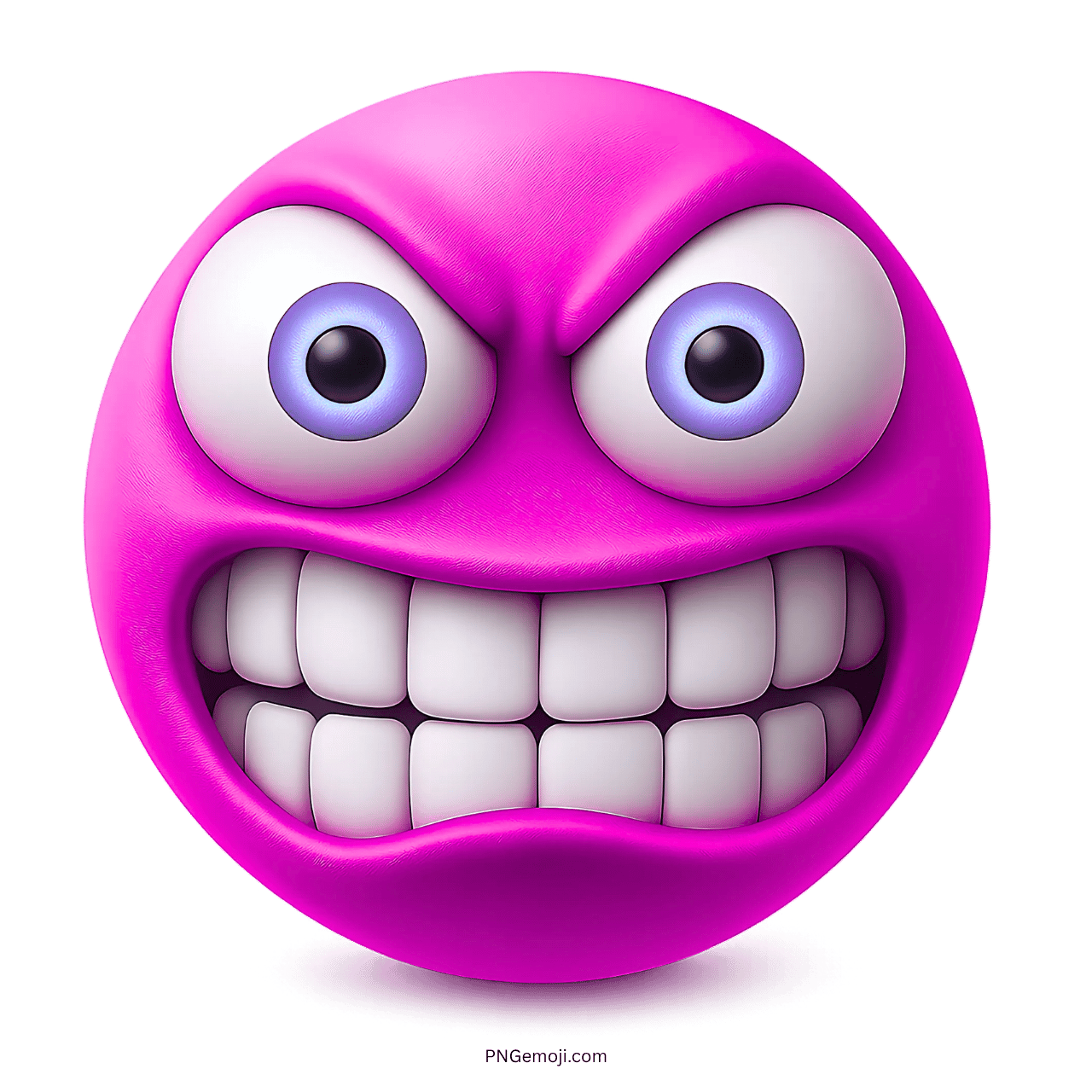 Pink grimacing emoji with wide violet eyes and clenched white teeth on transparent background