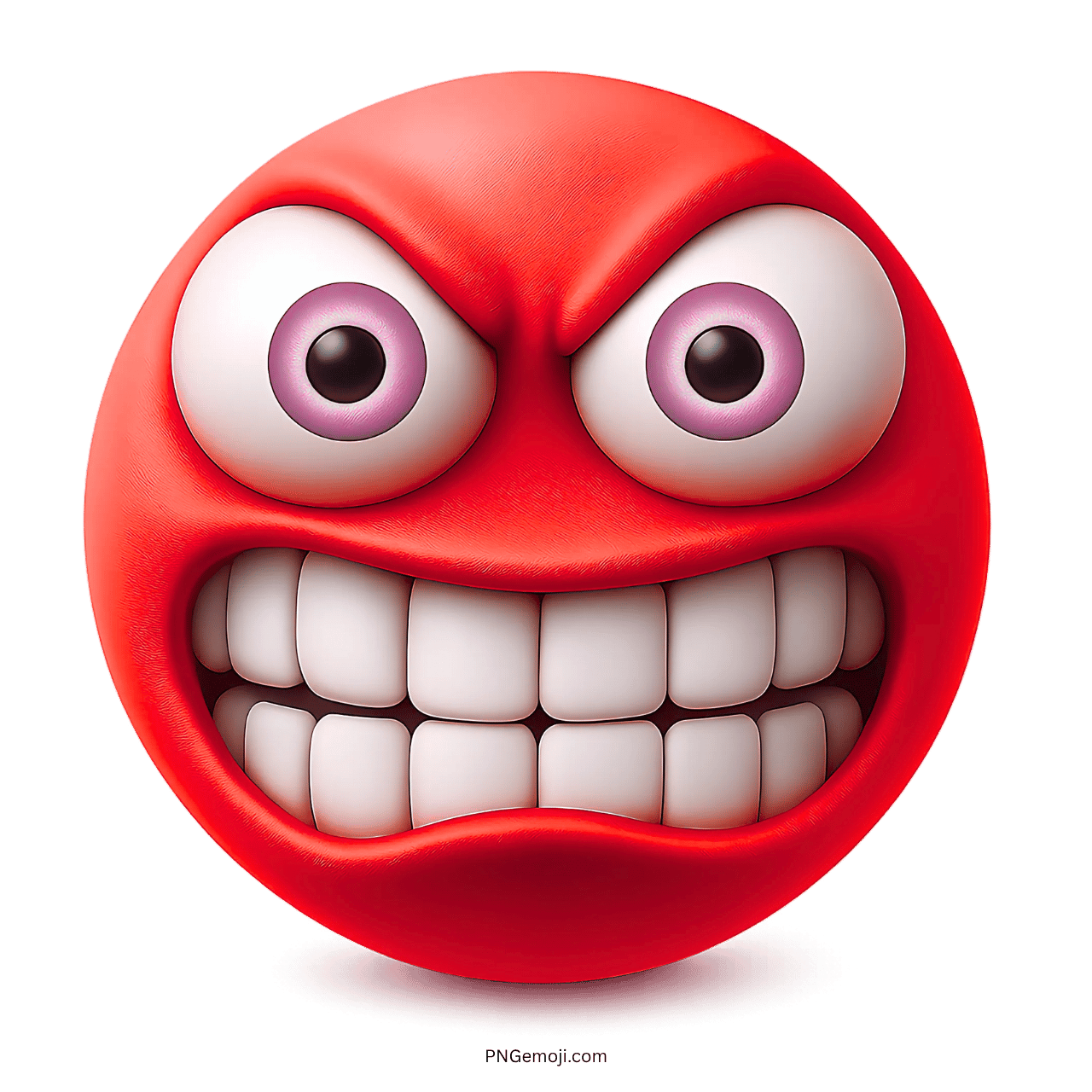 Red emoji face with clenched teeth and intense wide pinkish eyes on transparent background
