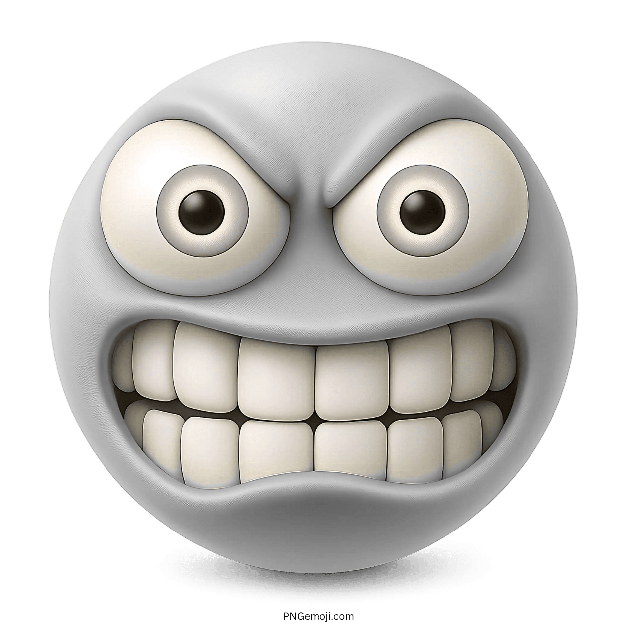 White grimacing emoji face with clenched teeth and anxious wide eyes on clear background