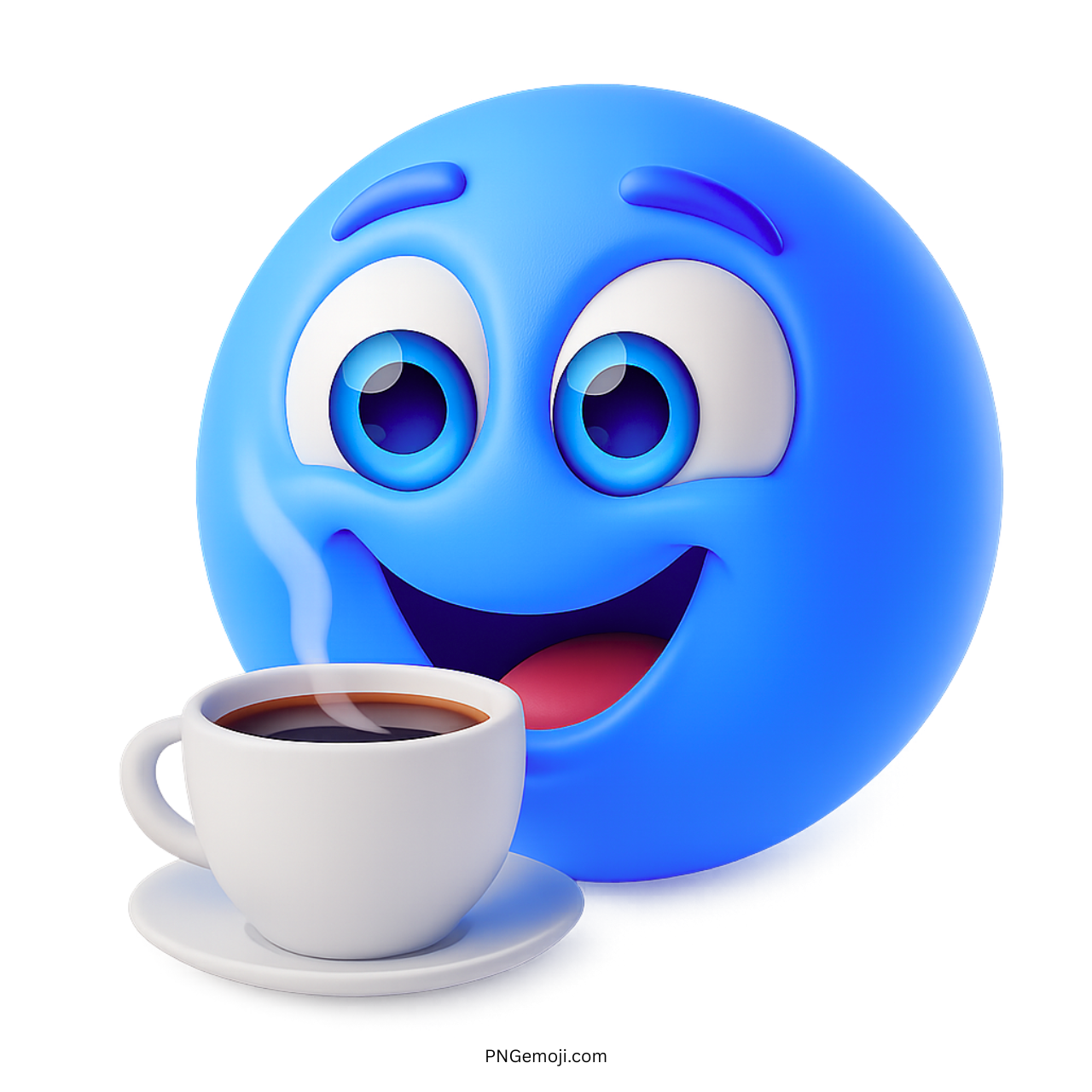 Blue smiley emoji with happy face and hot coffee cup on saucer