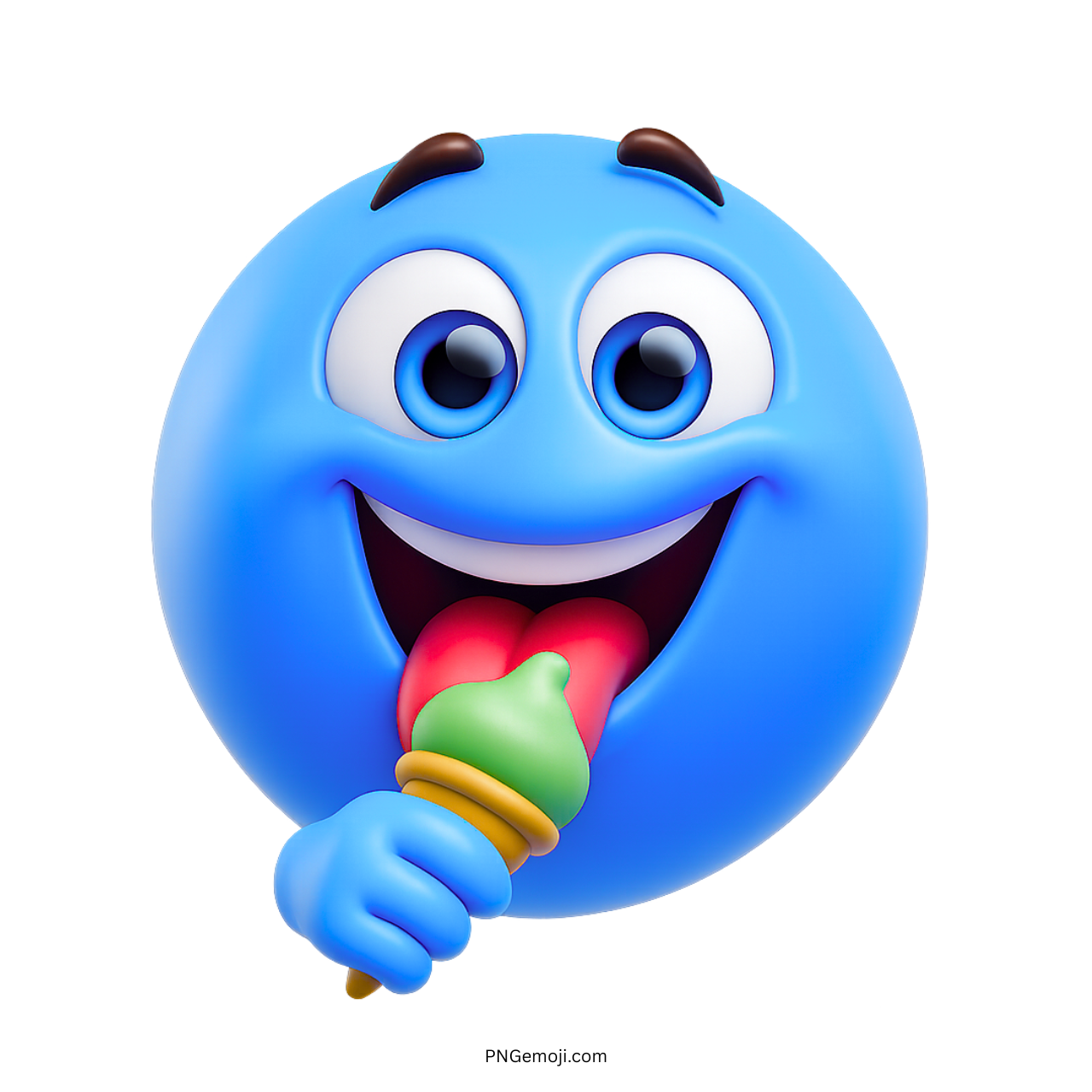Happy blue emoji cartoon eating ice cream with a joyful and playful expression