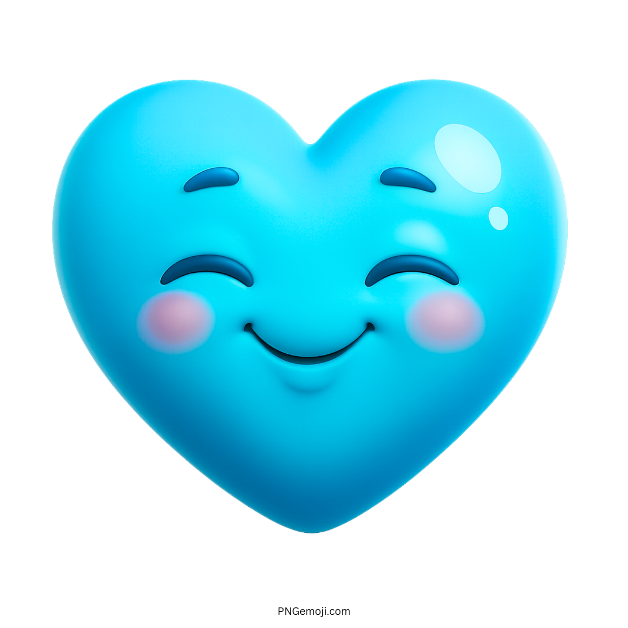 3D light blue heart emoji smiling with pink blush and cheerful face