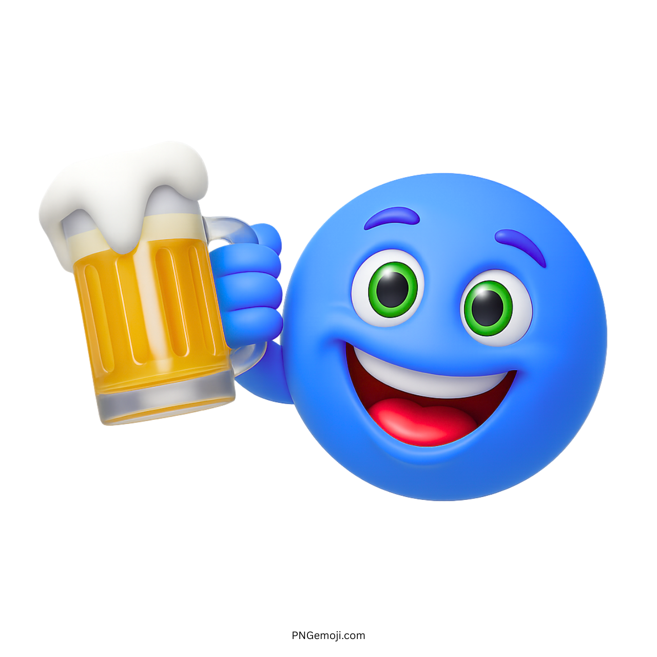 Happy blue smiley emoji holding beer mug with foam, 3D cartoon-style illustration
