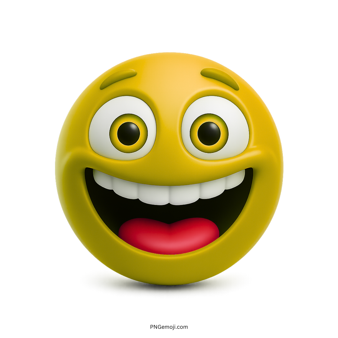 3D yellow emoji with large smile, wide cartoon eyes, and open happy expression