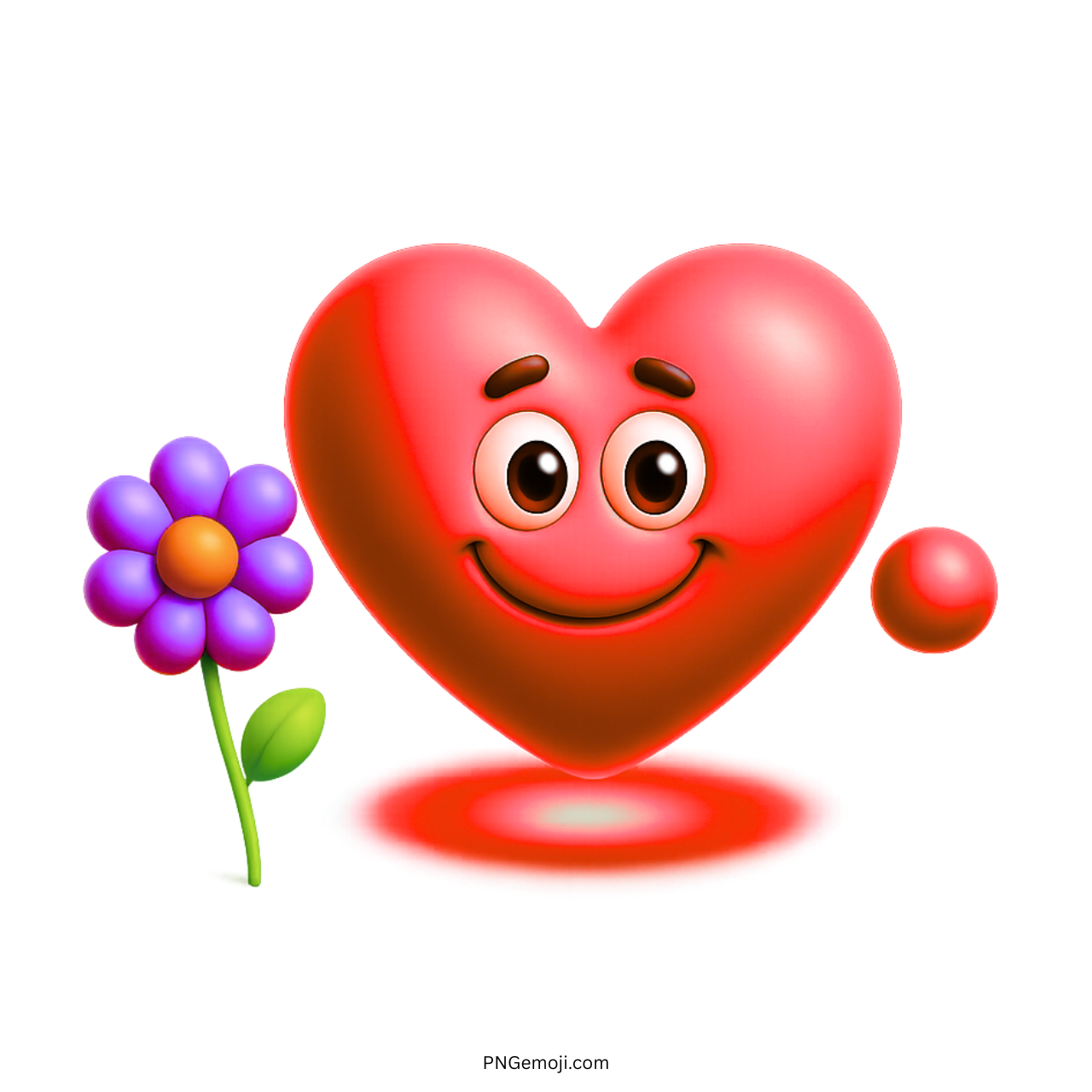 Smiling red heart emoji holding purple flower cartoon love expression