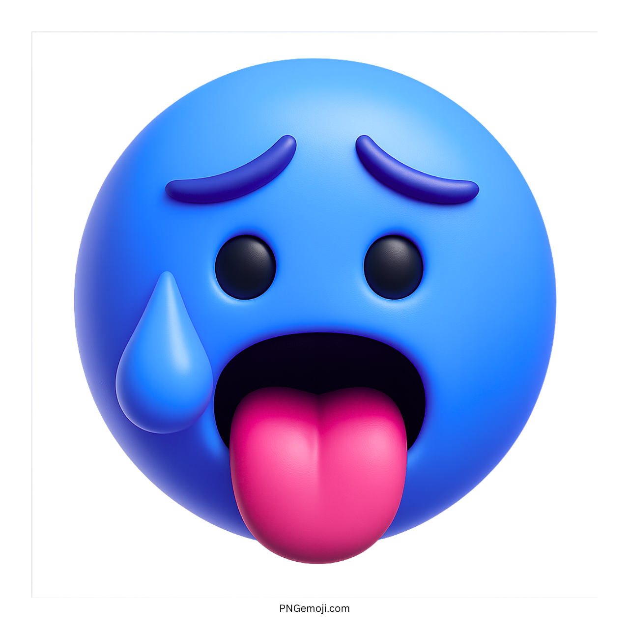 3D hot face emoji with blue skin, sweat drop, tongue out, and stressed expression