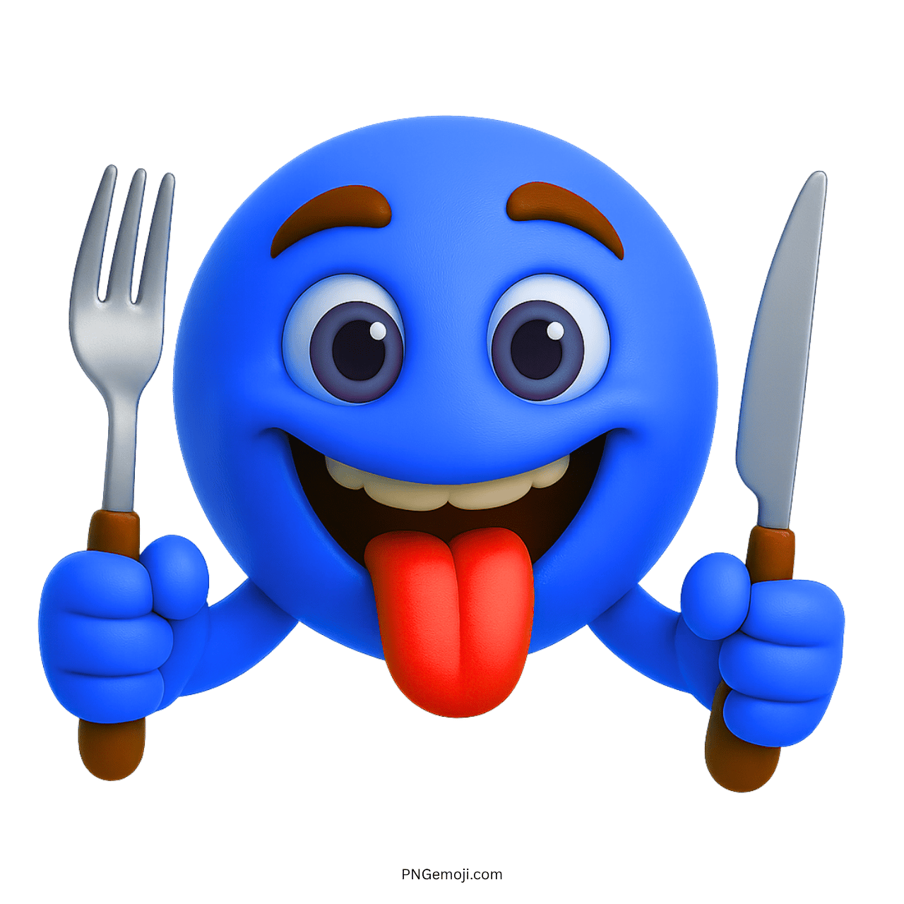 Hungry blue emoji holding fork and knife sticking out tongue ready to eat