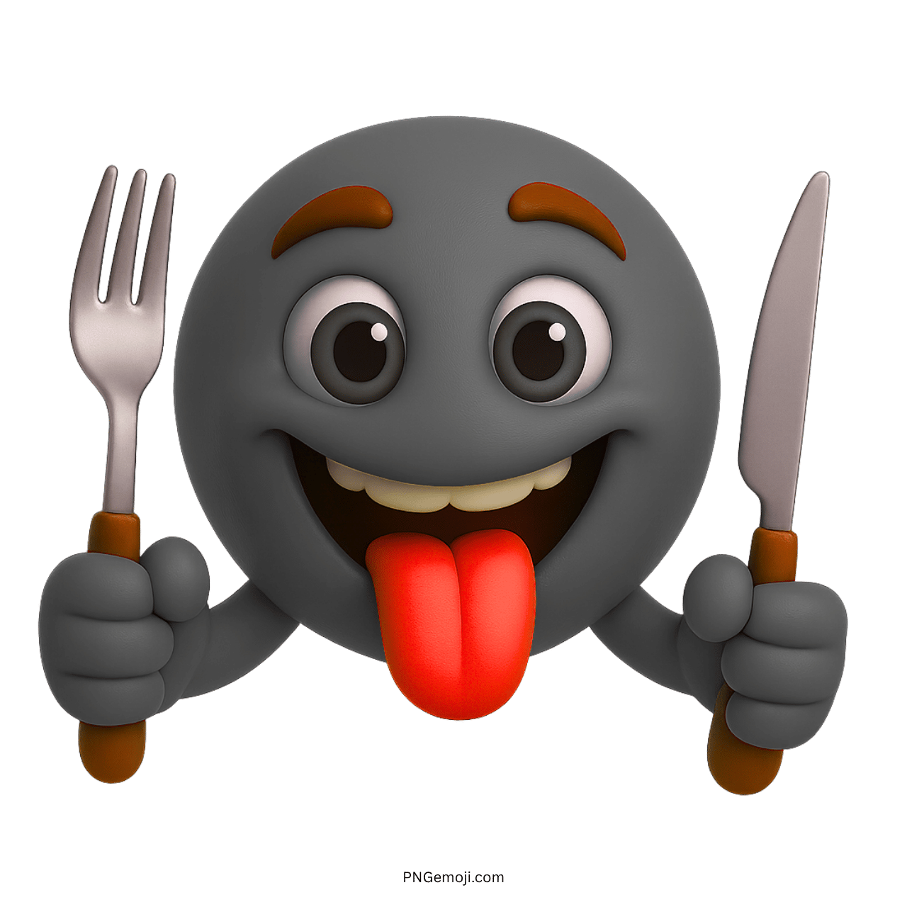 Hungry gray emoji holding fork and knife with tongue out excited to eat