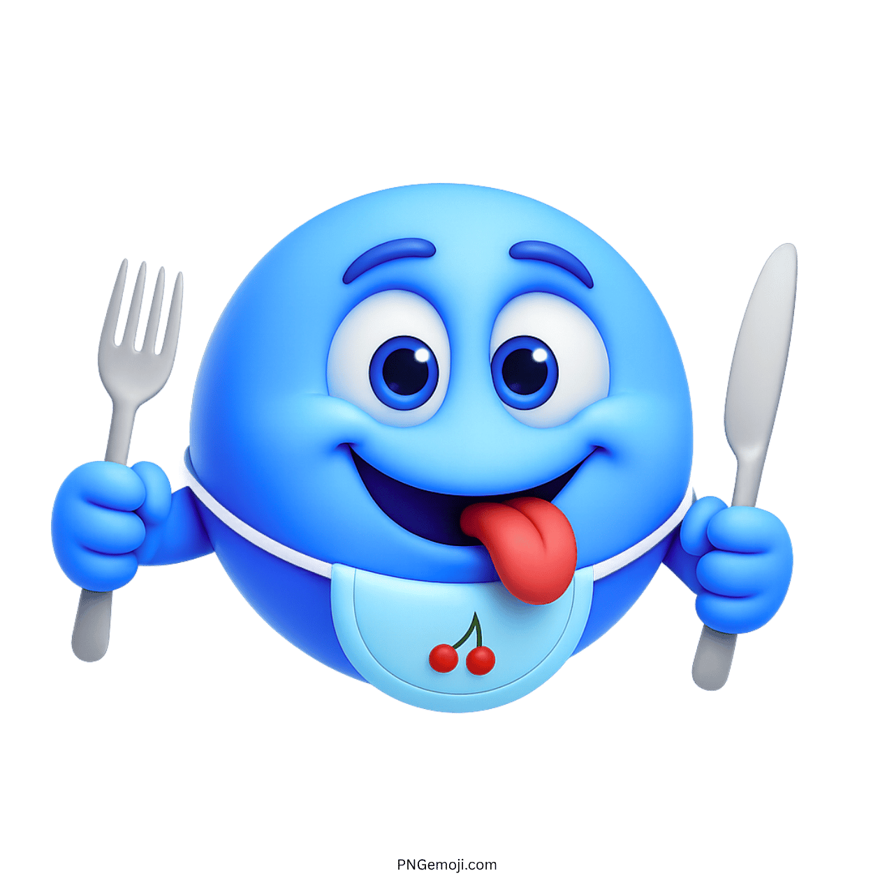 Hungry blue smiley emoji holding fork and knife with cherry bib