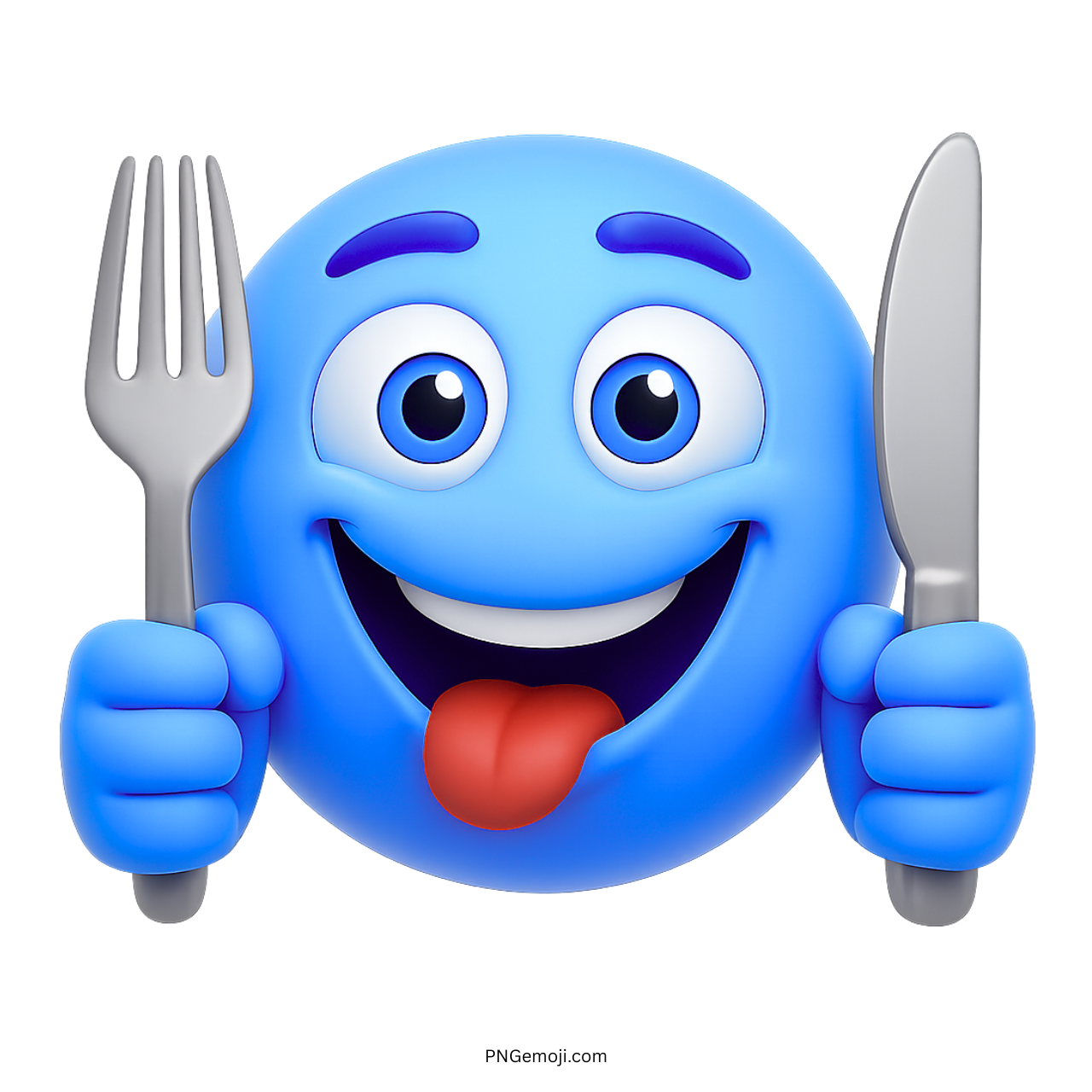 Blue hungry emoji holding fork and knife with tongue out excited for food
