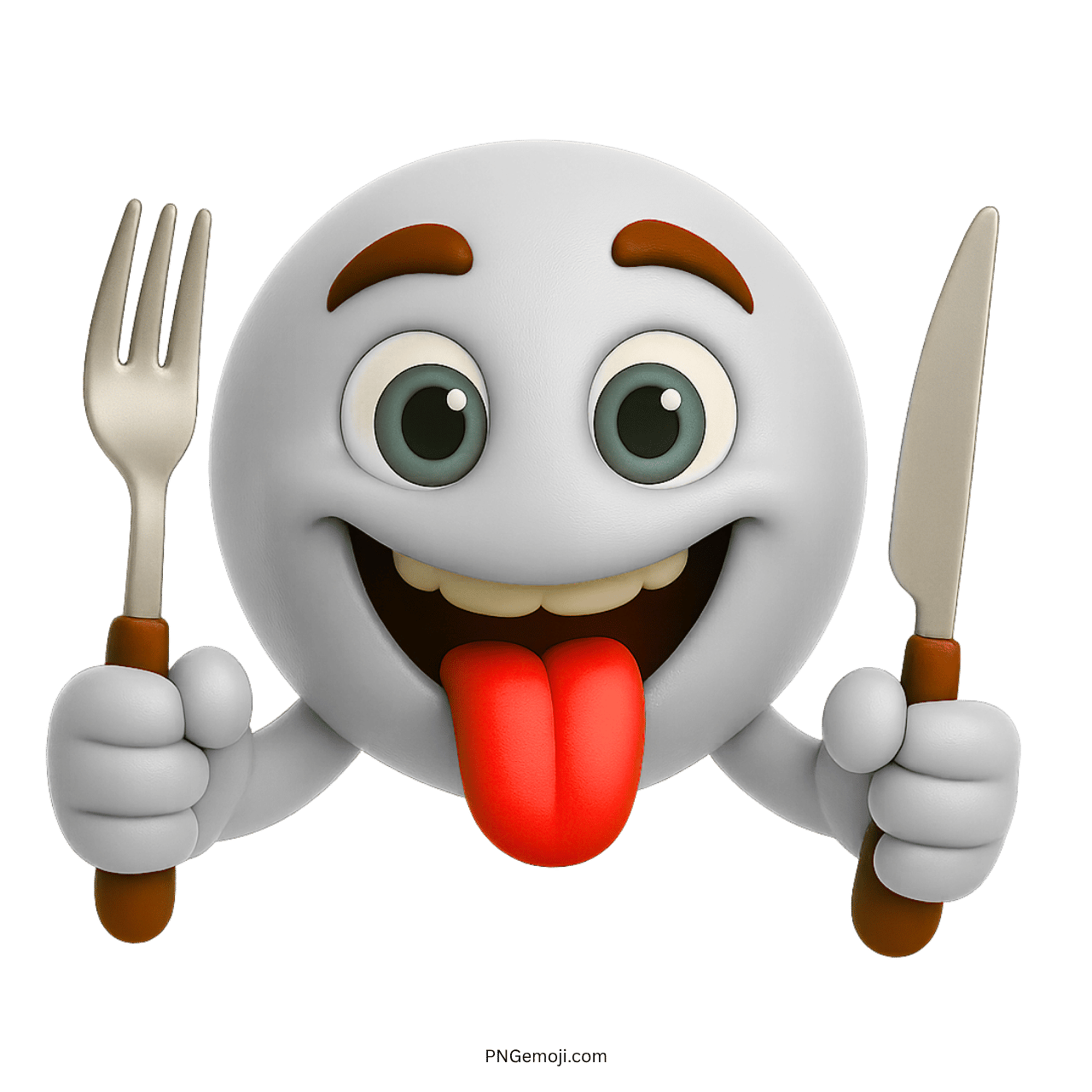 Hungry white emoji holding fork and knife with tongue out and happy expression