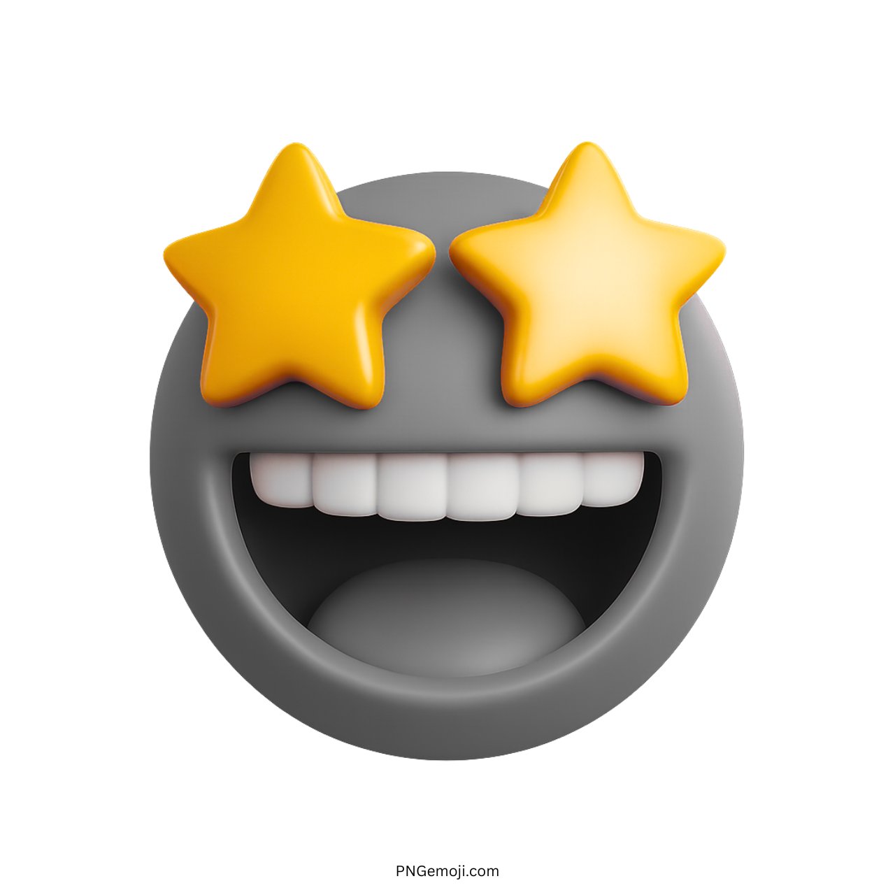 3D gray emoji face with star eyes and big smile showing excitement and joy