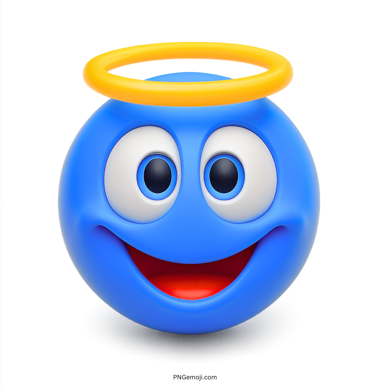 3D innocent smiley emoji with halo, cute blue happy face expression