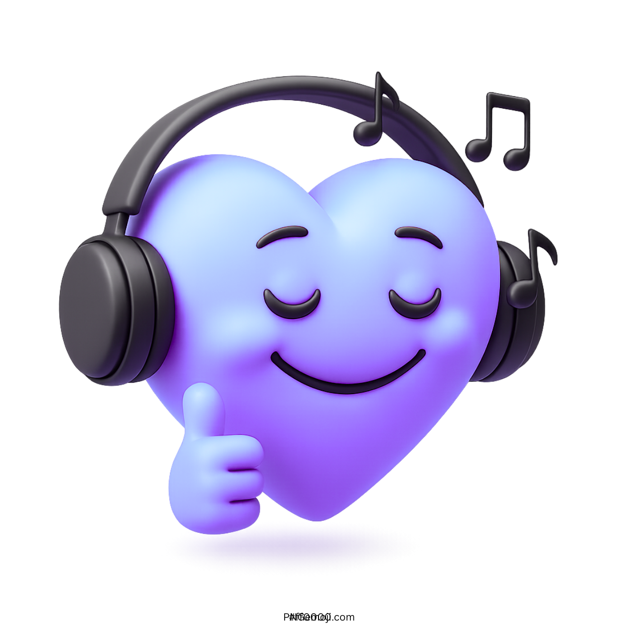 3D lavender heart emoji wearing headphones, listening to music with closed eyes and smile