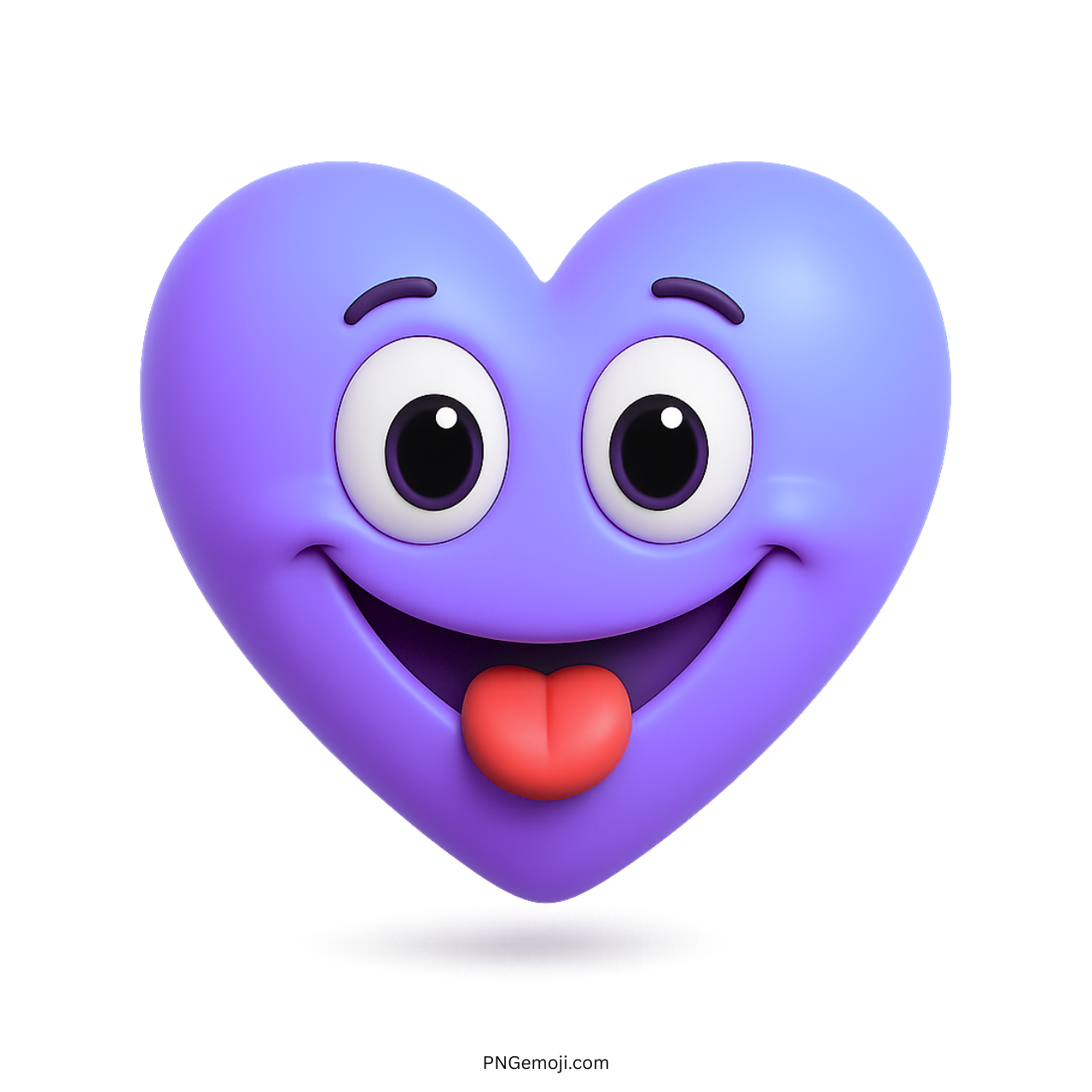 Lavender heart emoji with funny face and tongue out, cartoon-style 3D design