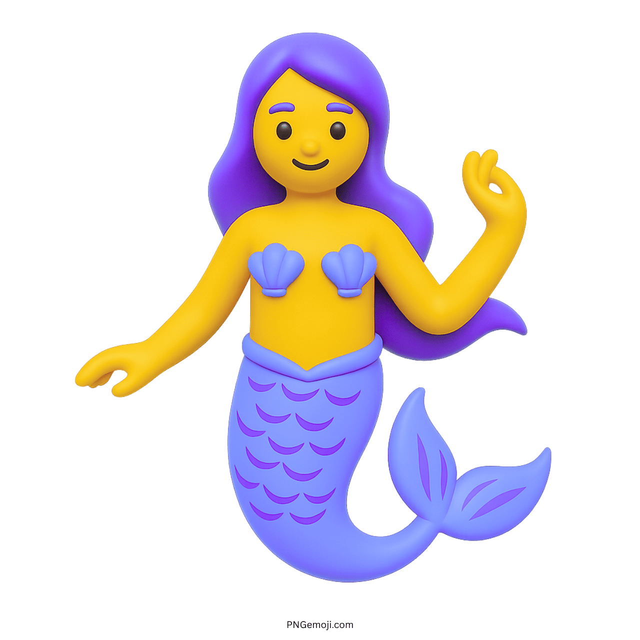 3D lavender mermaid emoji with purple tail, seashell bra, and flowing violet hair