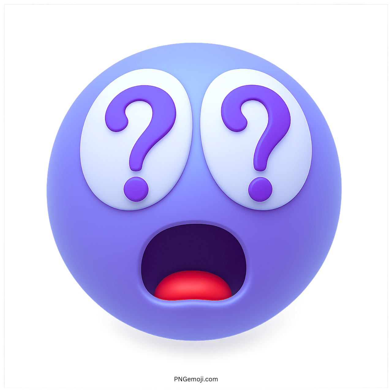 Lavender emoji with purple question mark eyes and shocked open red mouth