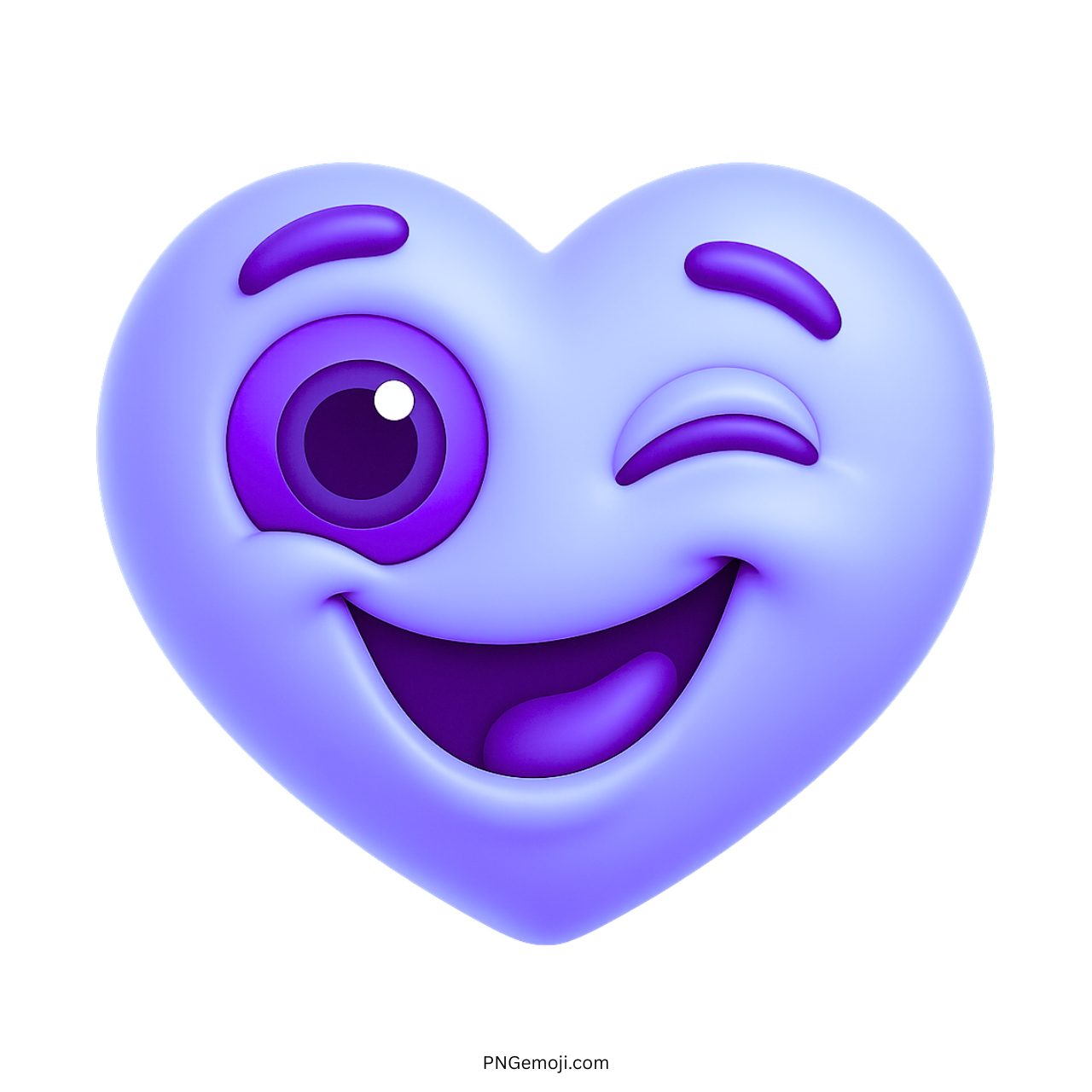 Lavender 3D heart emoji with playful winking eye and friendly smiling face
