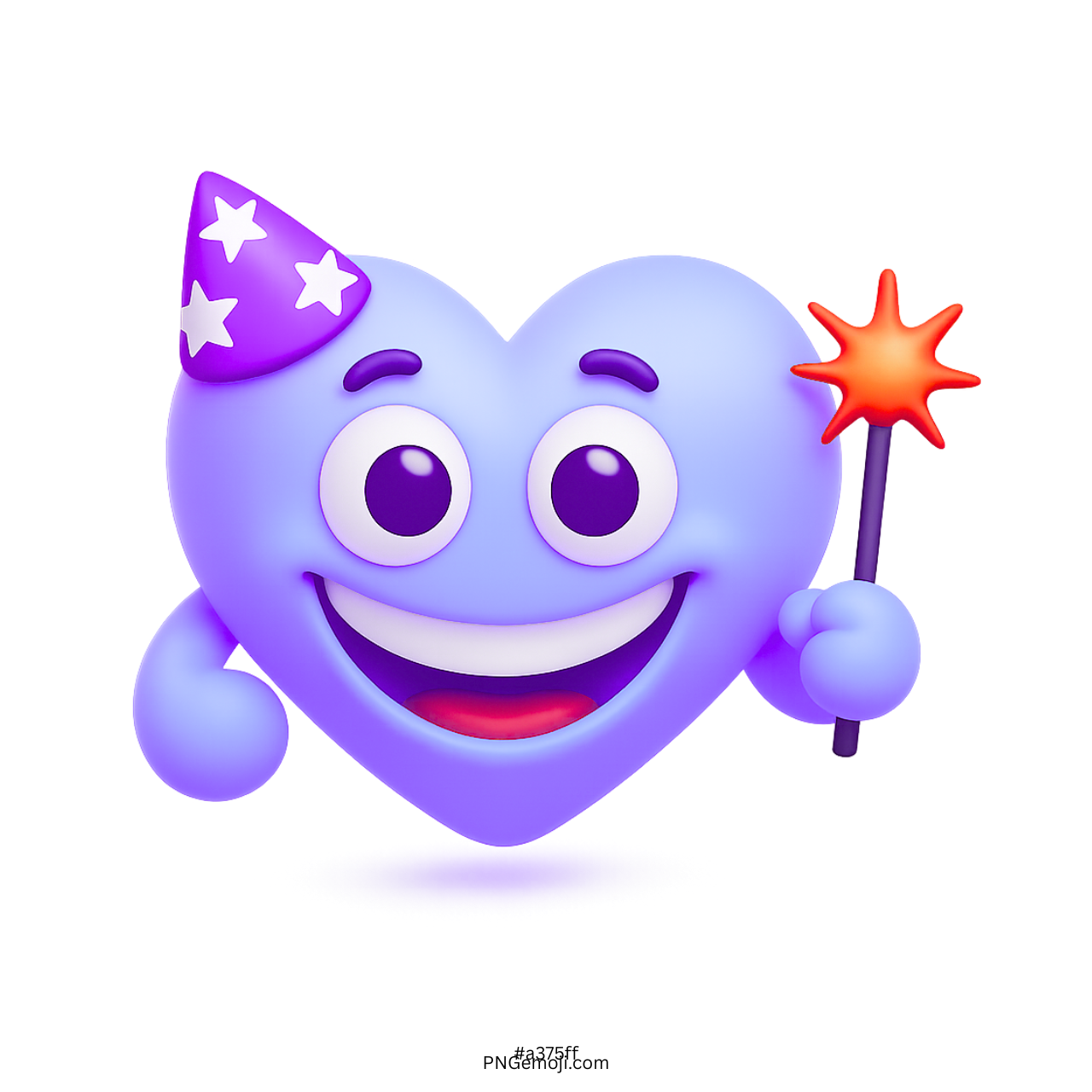 Lavender heart emoji with party hat holding red star magic wand and smiling
