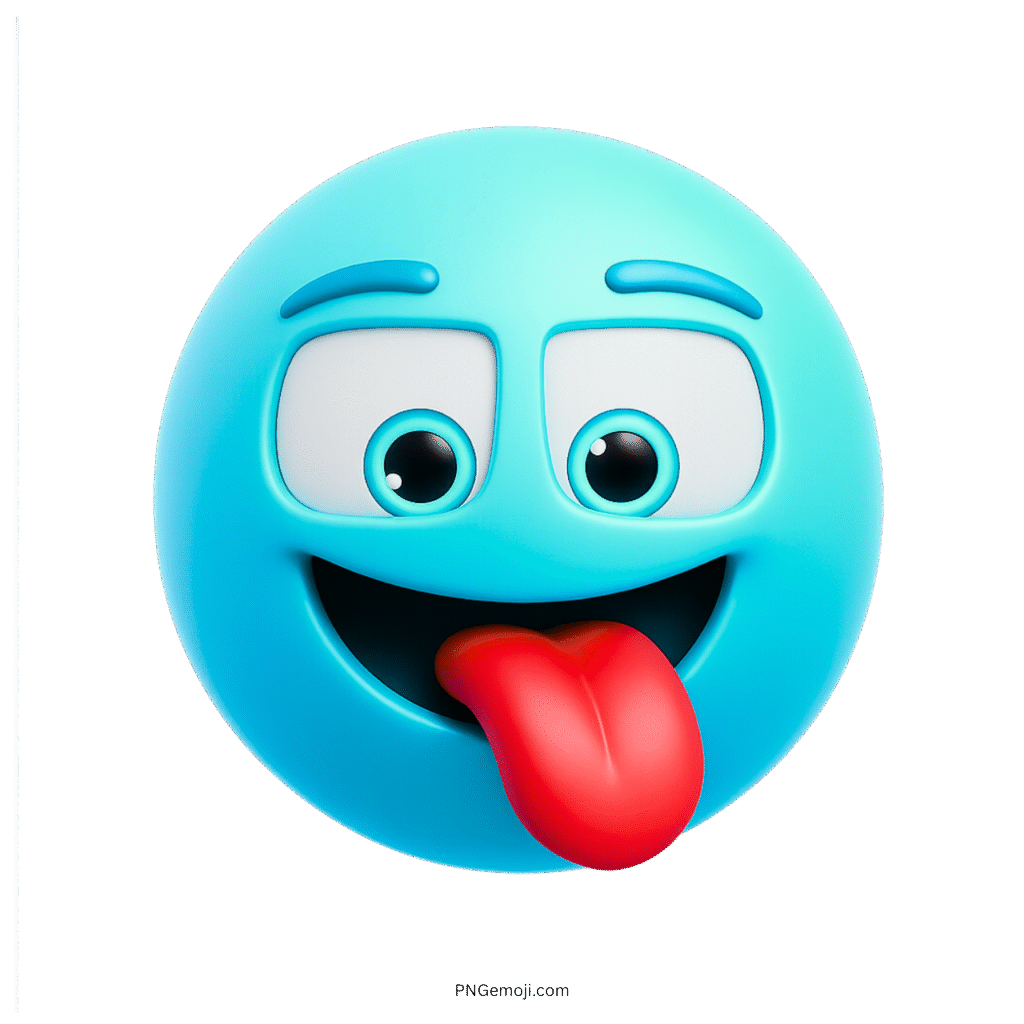 3D light blue smiley emoji with tongue sticking out and cartoon-style face