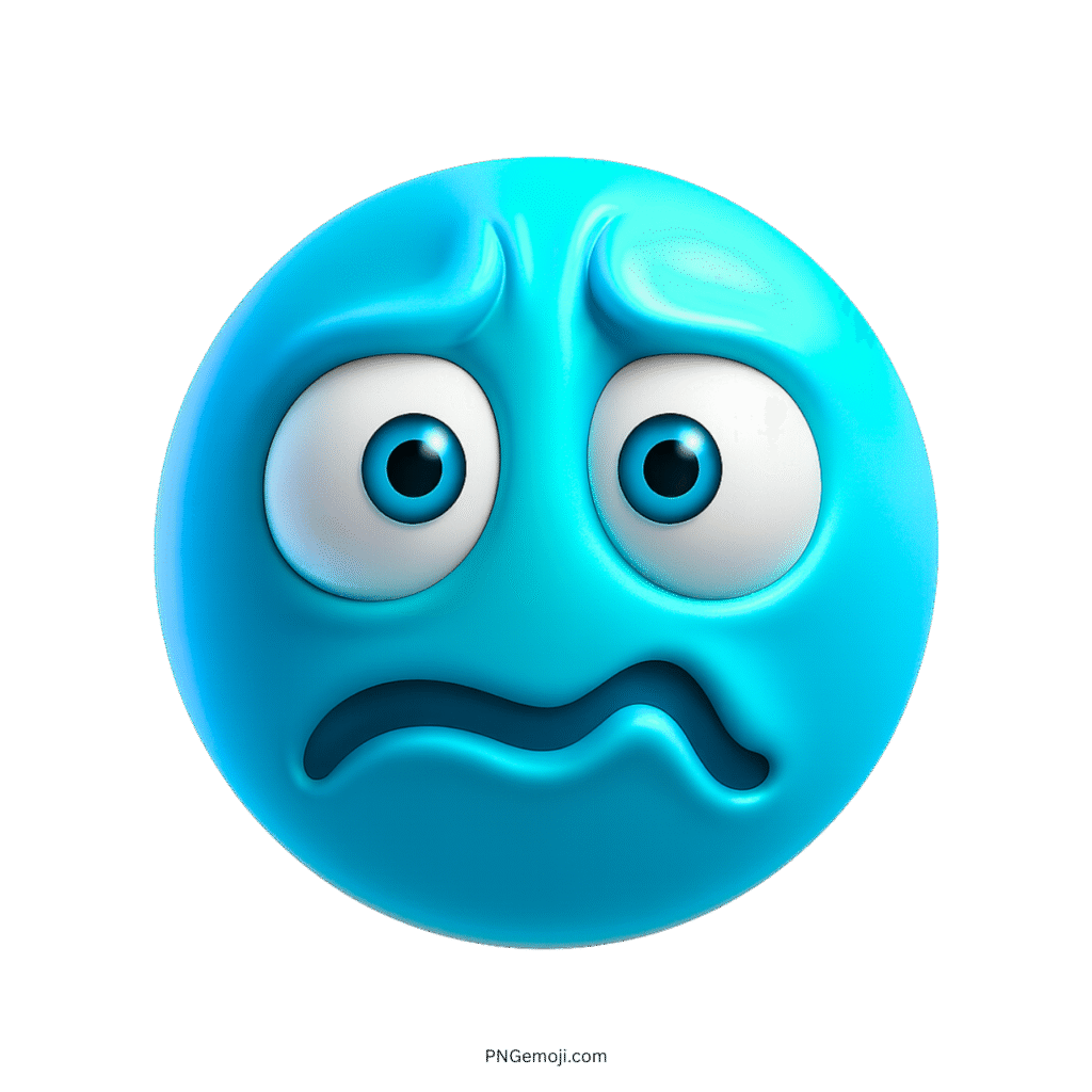 Light blue 3D emoji with wide eyes and curved mouth showing worried emotion