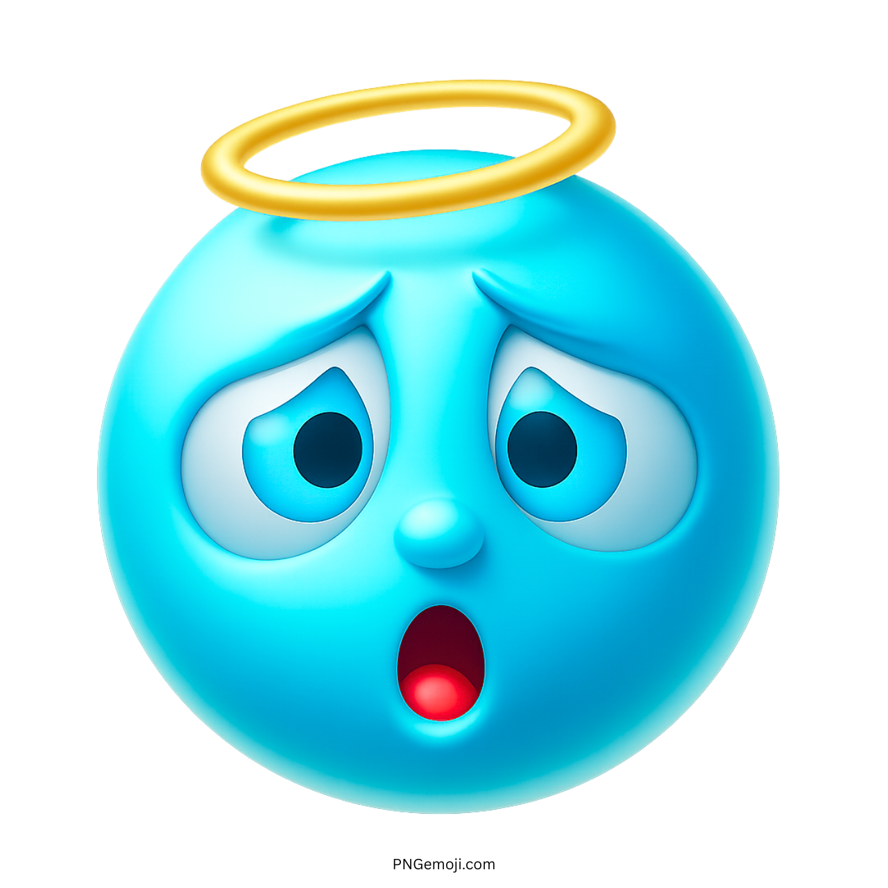 3D light blue angel emoji with golden halo and surprised innocent face expression