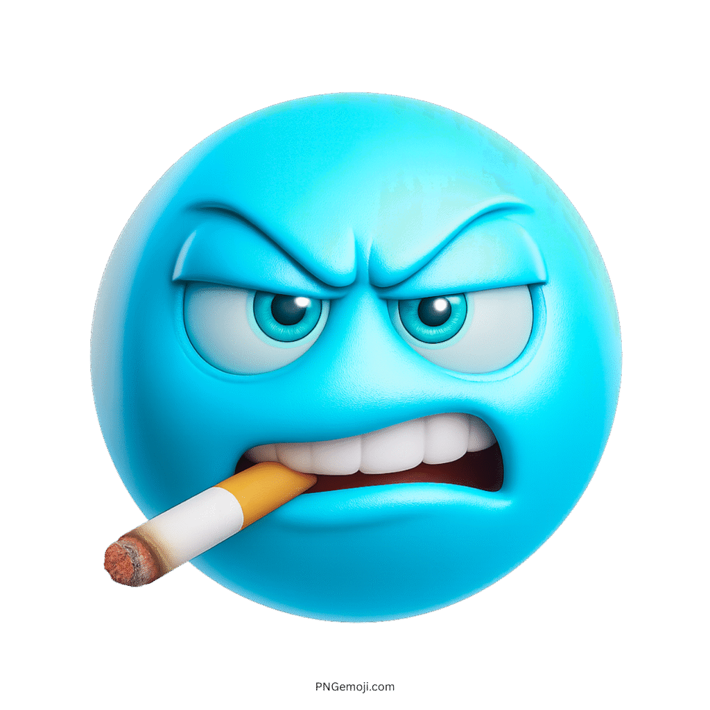 Light blue 3D angry emoji with cigarette and bold cartoon expression