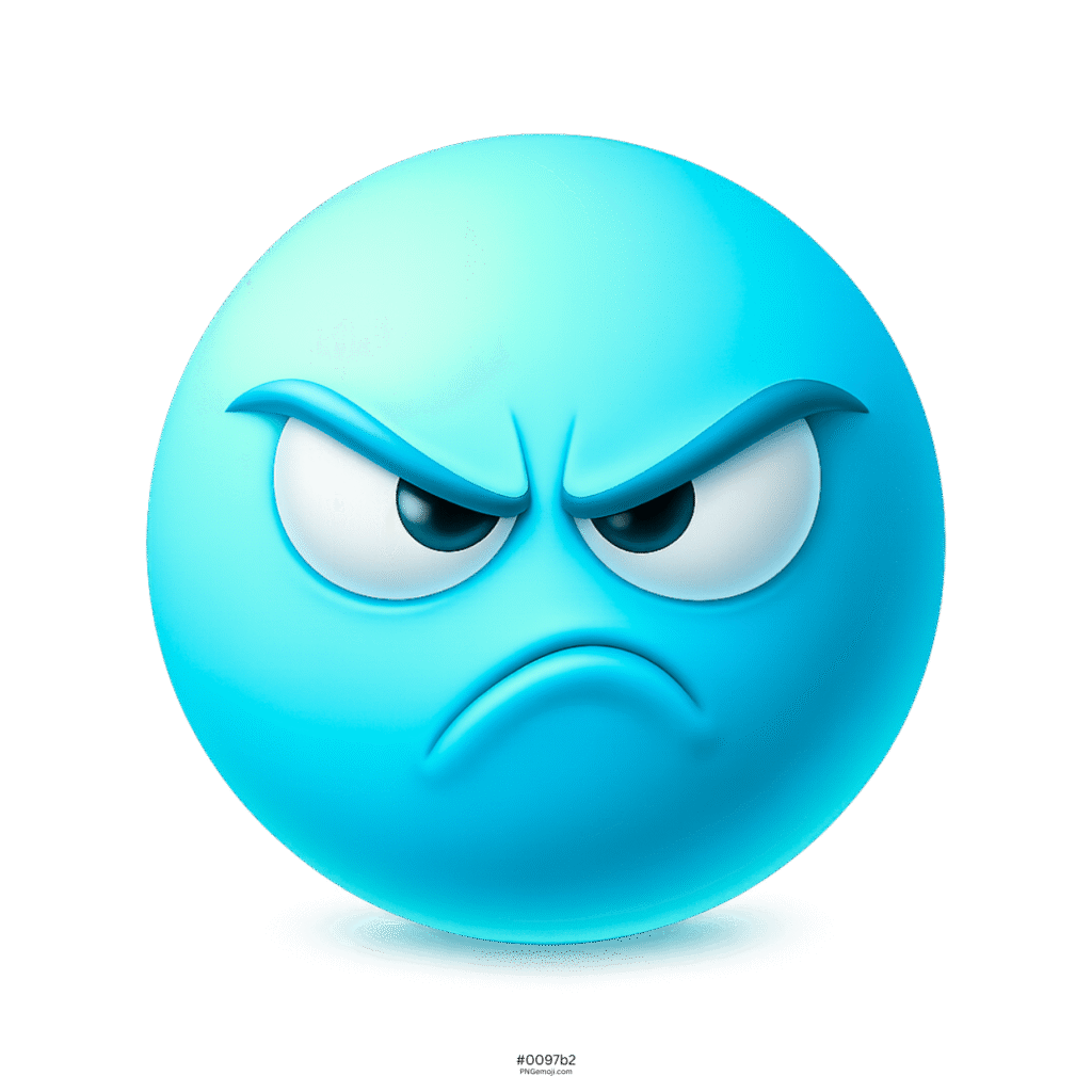 3D light blue annoyed emoji face with angry glare, furrowed eyebrows, and frown