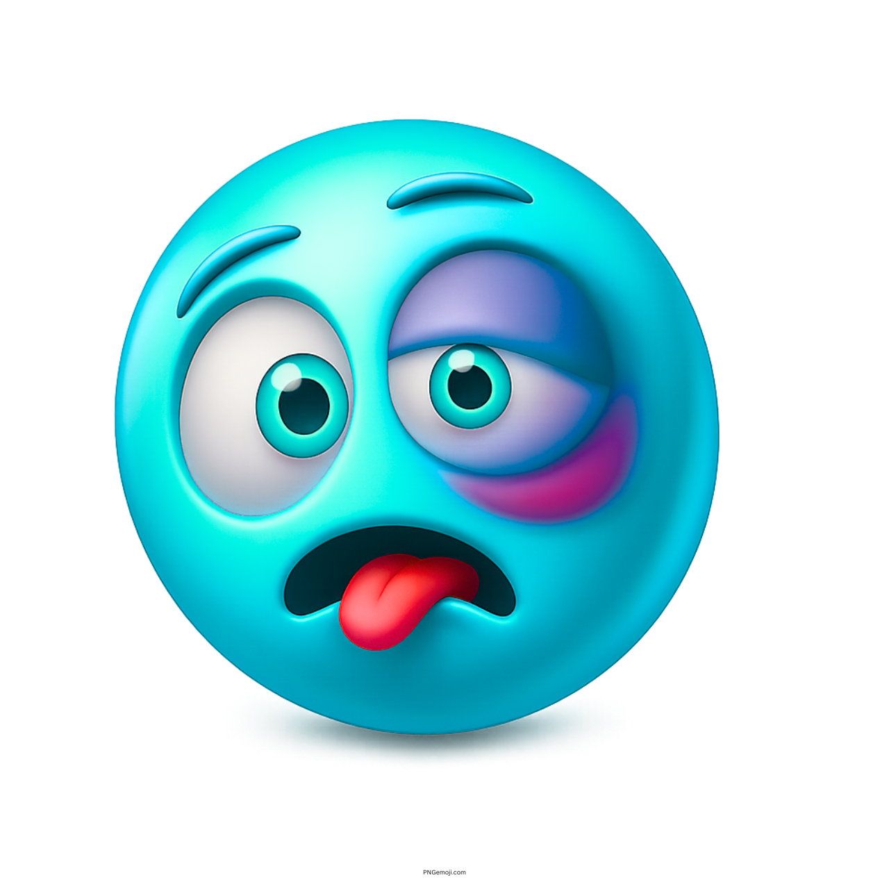 Light blue emoji with swollen bruised eye and tongue out in dazed expression