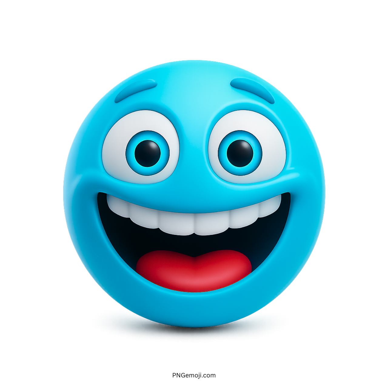 3D light blue emoji with giant smile, expressive cartoon eyes, and happy open mouth