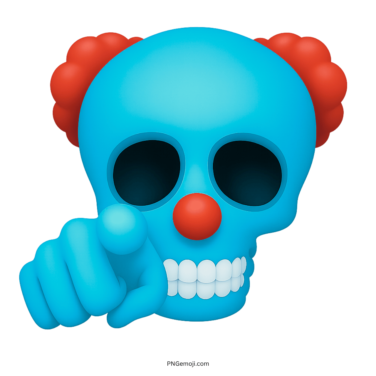 3D light blue clown skull emoji with red nose, red hair, and pointing hand