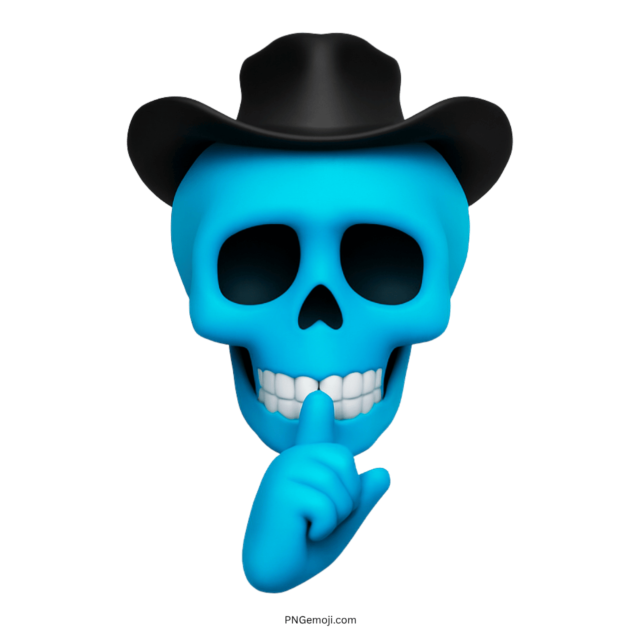 Light blue 3D skull emoji with cowboy hat and shushing finger pose