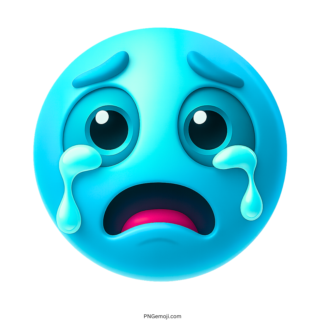 3D light blue crying emoji with emotional sad face and tear drops in PNG format