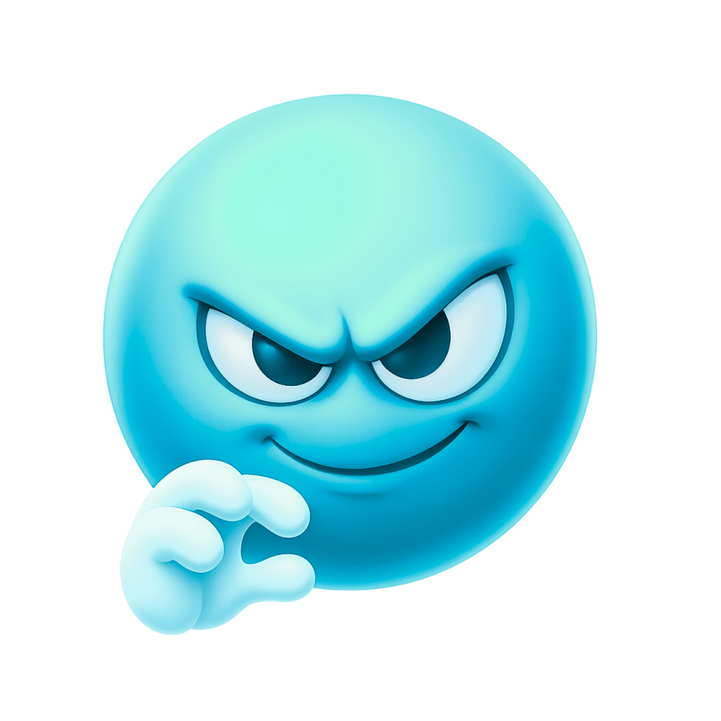 Light blue devious emoji with mischievous smirk face and evil expression cartoon style illustration