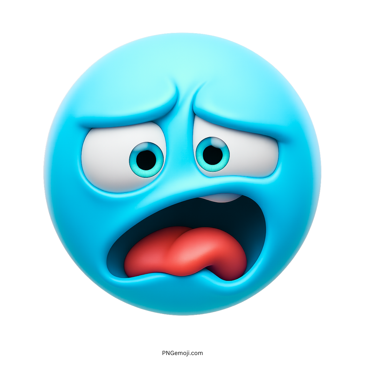 Light blue emoji face showing disgust with wide eyes and curled tongue expression