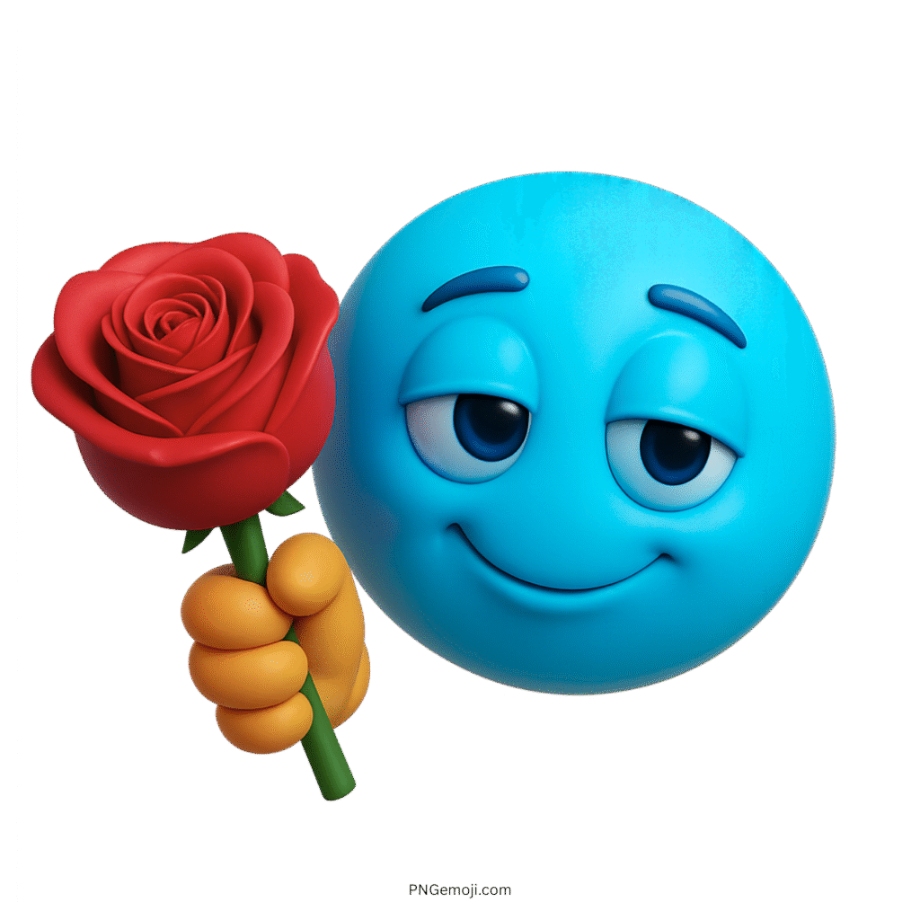 Light blue 3D emoji smiling with dreamy eyes and holding red rose